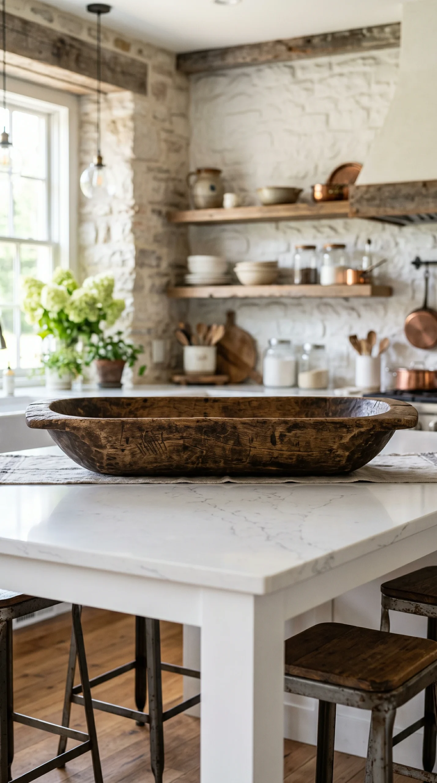 Large antique wooden dough bowl sitting empty on a white quartz kitchen island.