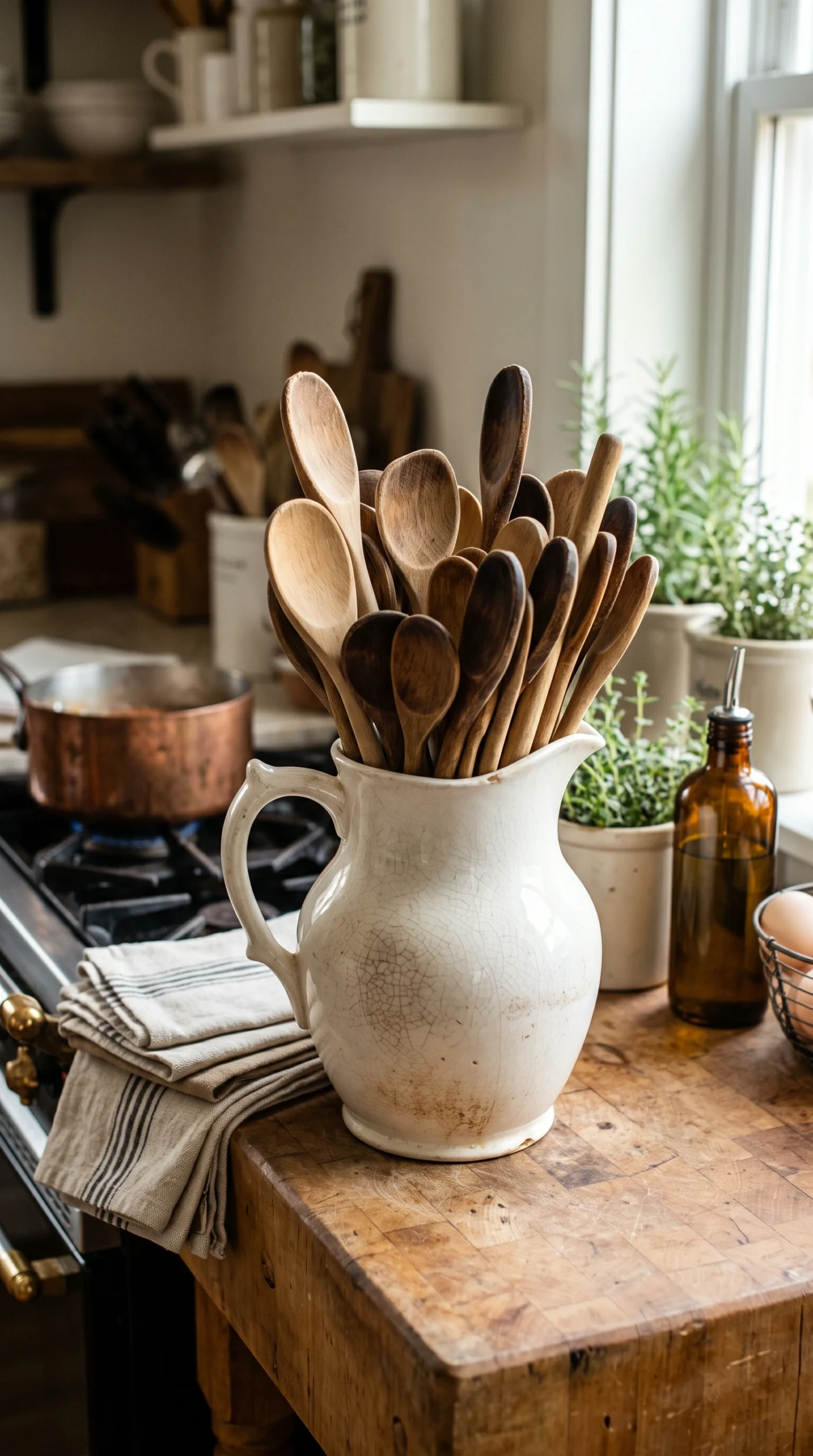 Vintage cream-white pitcher holding mismatched wooden spoons on a rustic wooden counter.