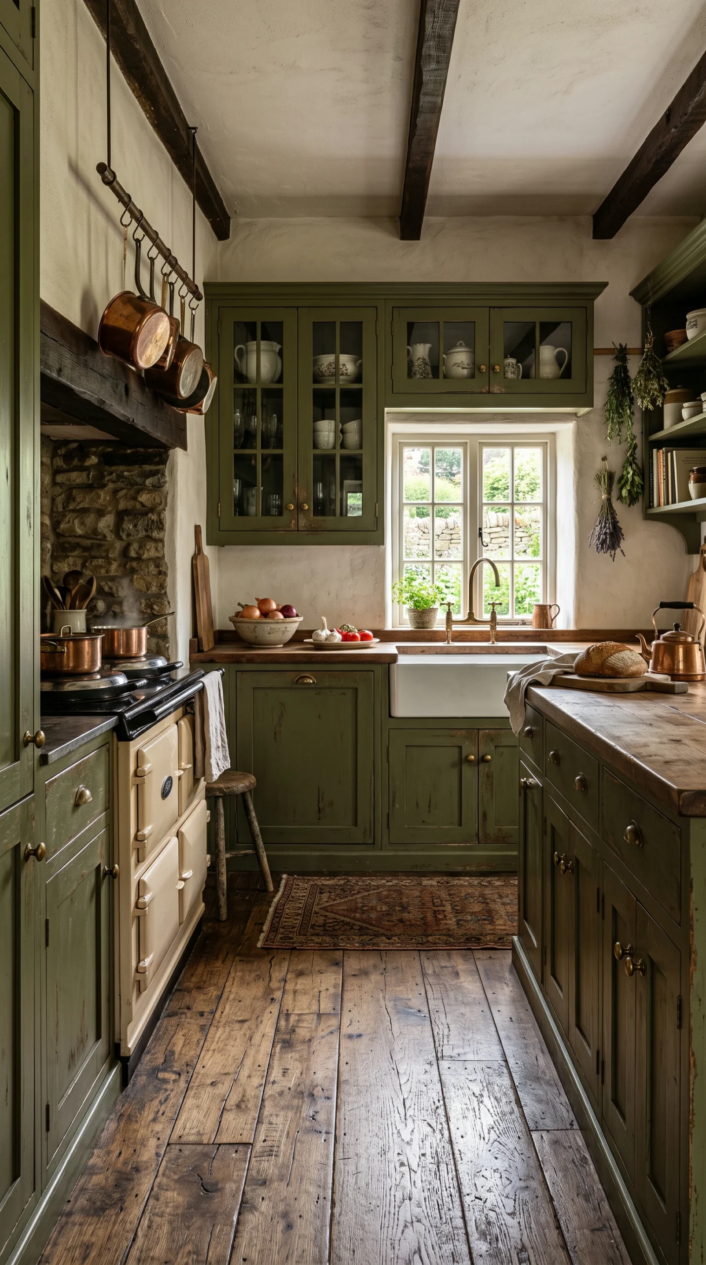 authentic historical farmhouse kitchen green cabinetry copper pots belfast sink rustic wooden beams