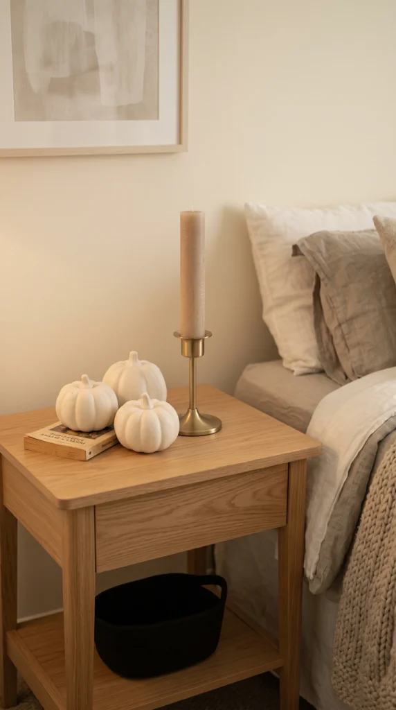 Neutral Halloween nightstand with white ceramic pumpkins and candle.