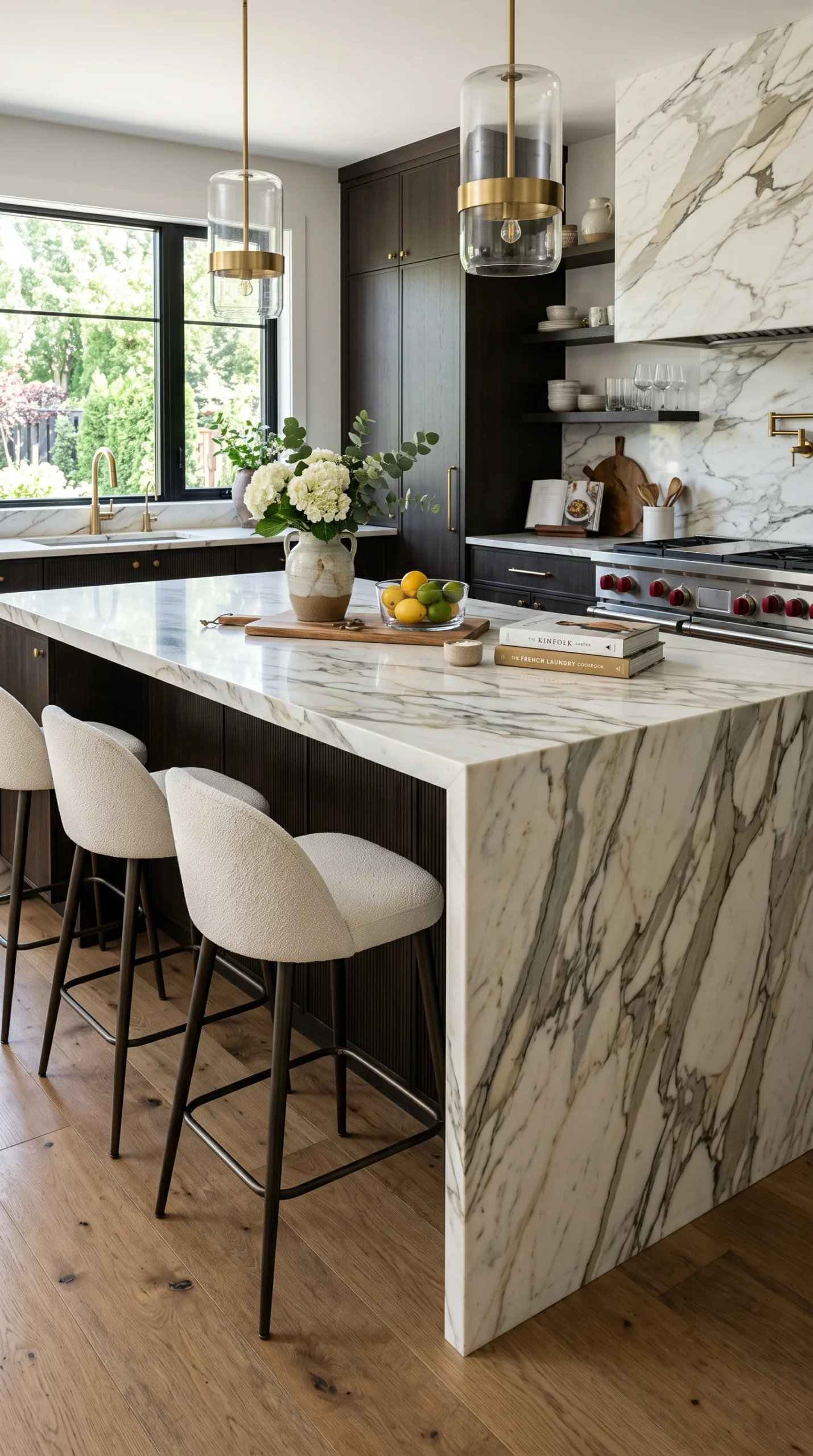 luxury kitchen decor ideas - Calacatta marble waterfall island