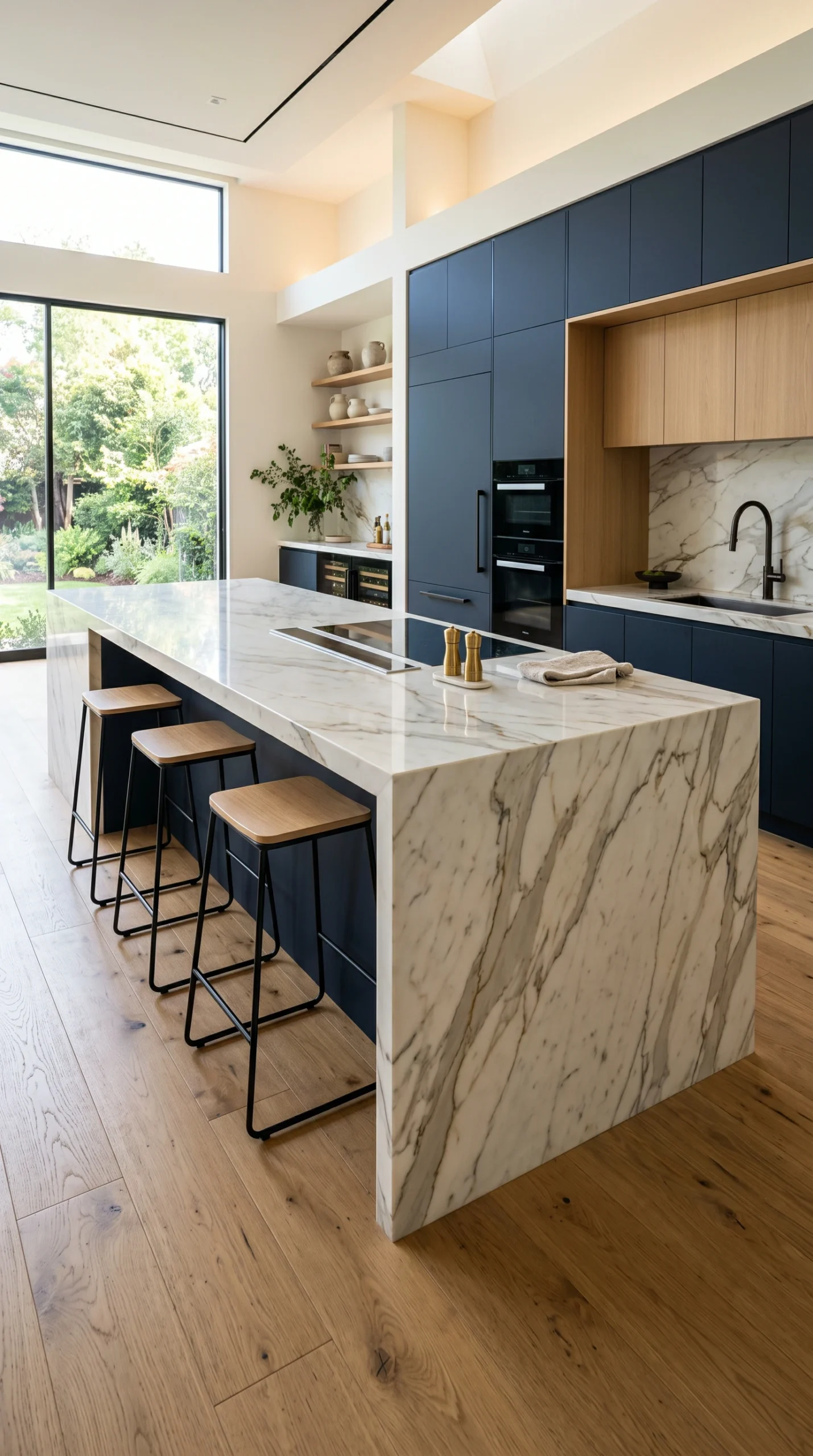 Modern kitchen island with Calacatta marble waterfall edge and white oak floor