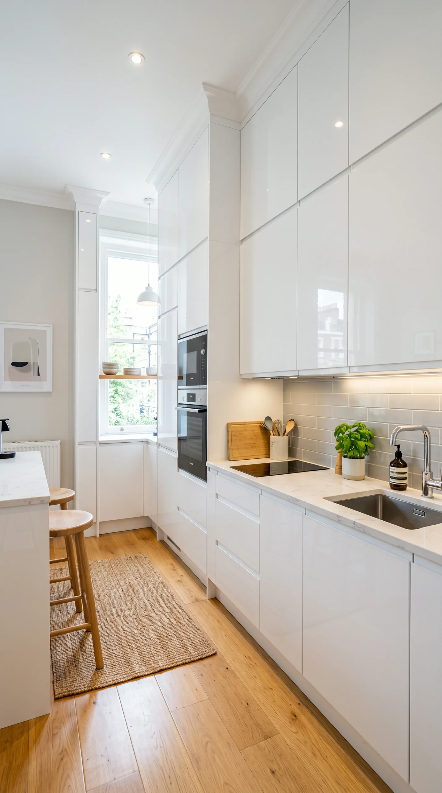 Ultra-modern small kitchen featuring pristine white cabinets reaching the ceiling to maximize vertical storage space.