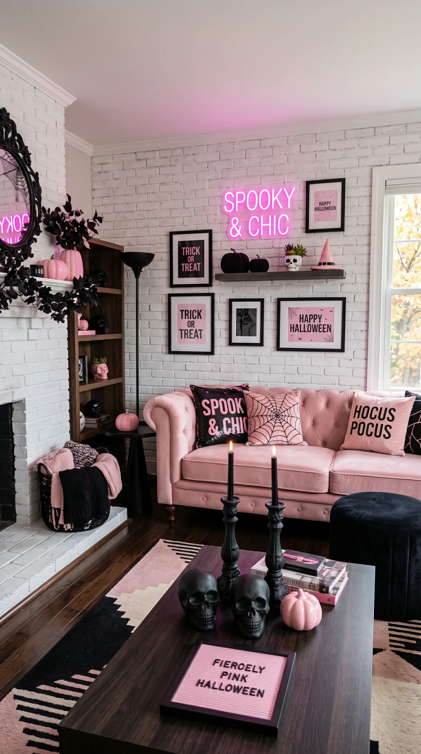 A modern living room decorated with pink velvet sofa, a neon sign, and Halloween accents on a fireplace mantel.