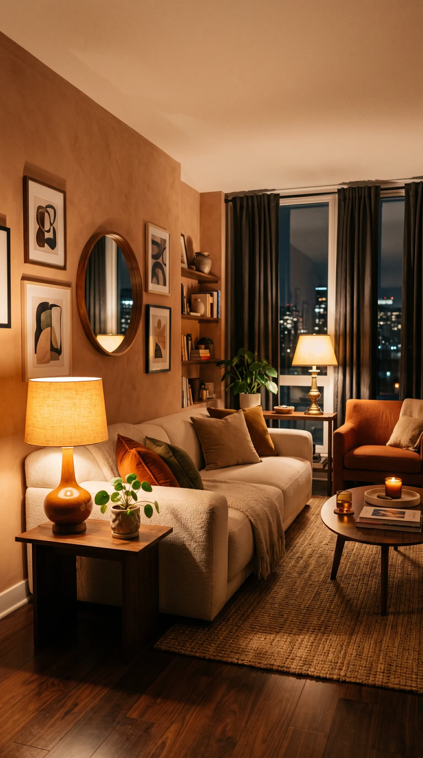 A modern living room is illuminated by warm ambient table lamps casting a cozy glow on terracotta walls and a cream sofa.