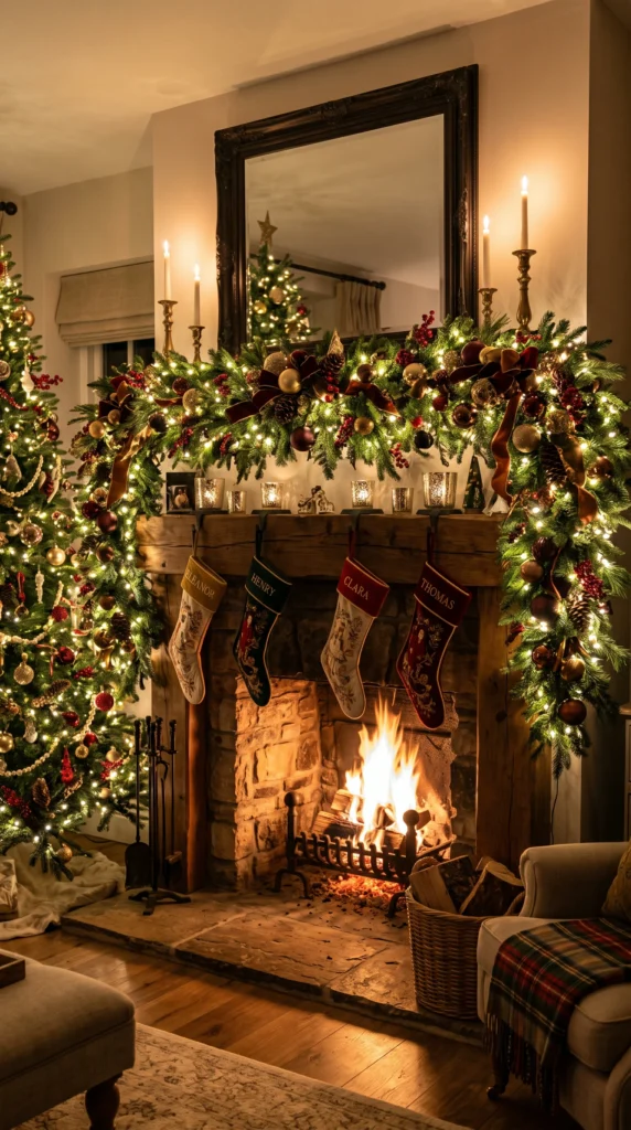 A decorated brick fireplace with stone hearth for Christmas, featuring a lit garland,Named velvet stockings, candles, and a mirror.
