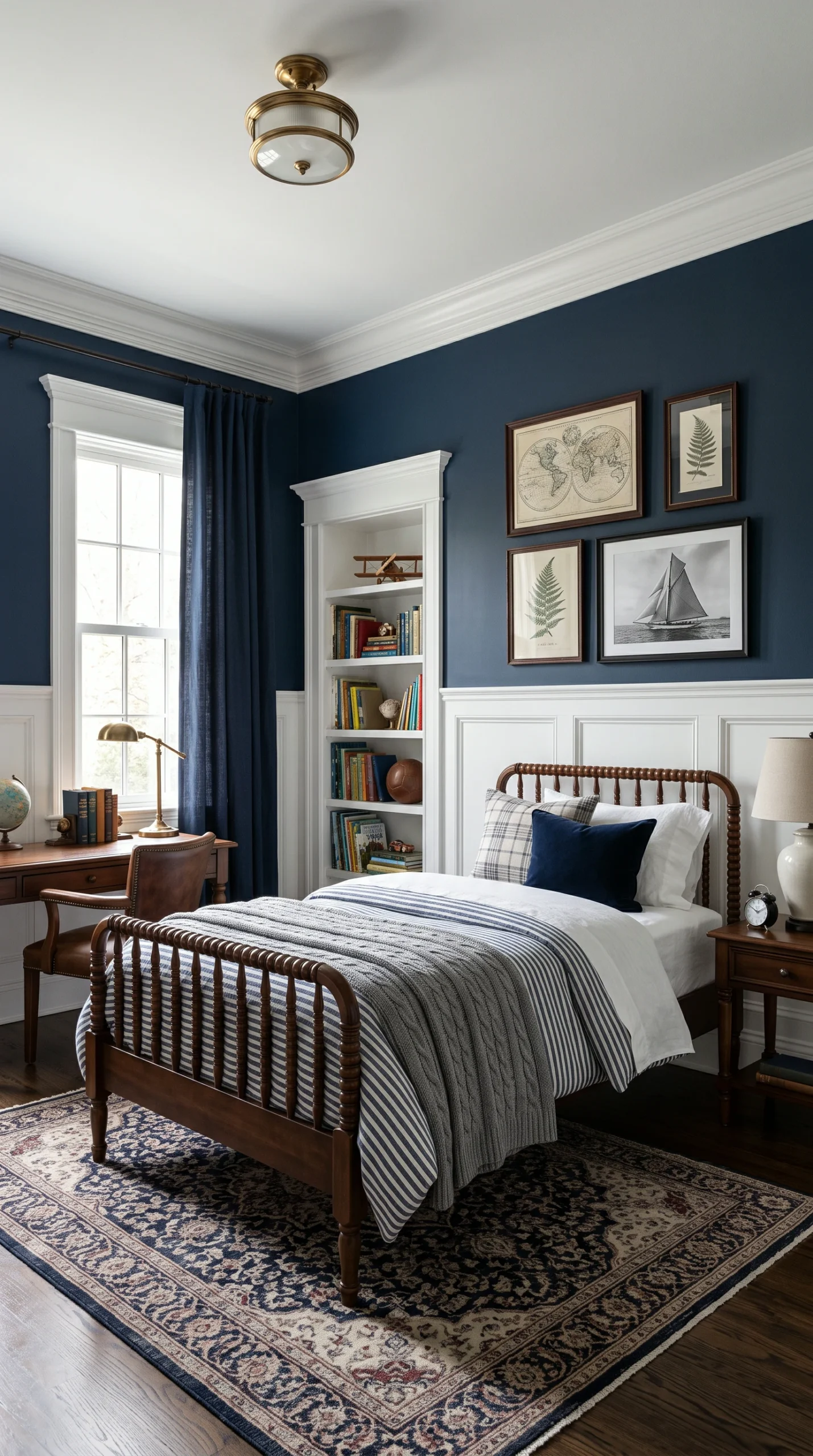 Traditional boy's room with navy walls and white wainscoting.