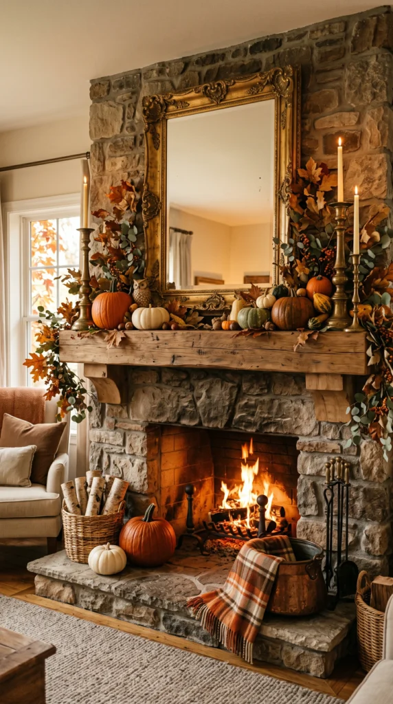 Traditional fall mantel decor ideas with stone fireplace and pumpkins