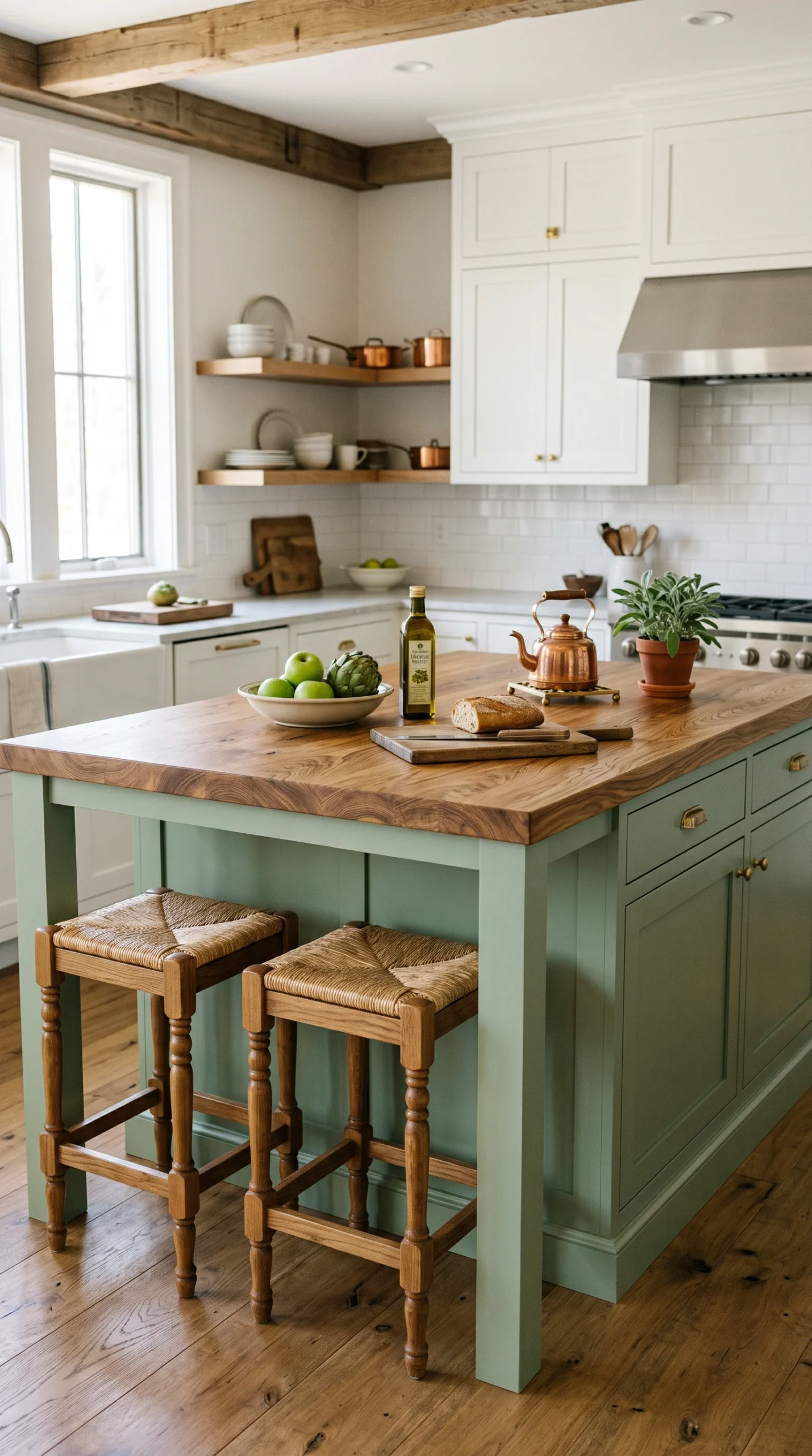 Kitchen island with sage green cabinets and a thick, grained medium-tone oak butcher block counter. Green kitchen cabinet color ideas.