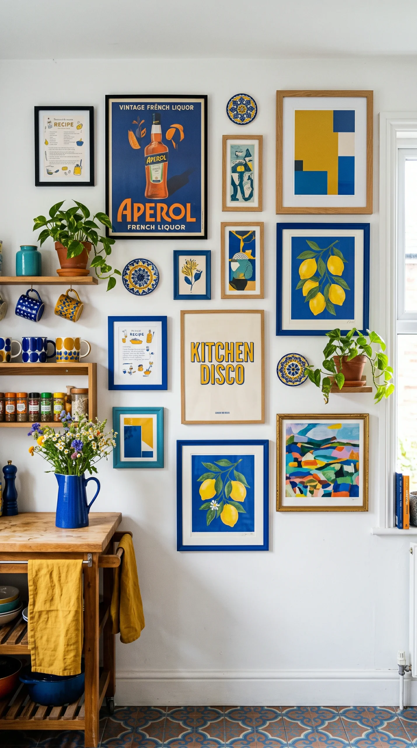 A detailed view of a vertical colorful kitchen gallery wall on a white wall with art in cobalt blue and mustard yellow frames.
