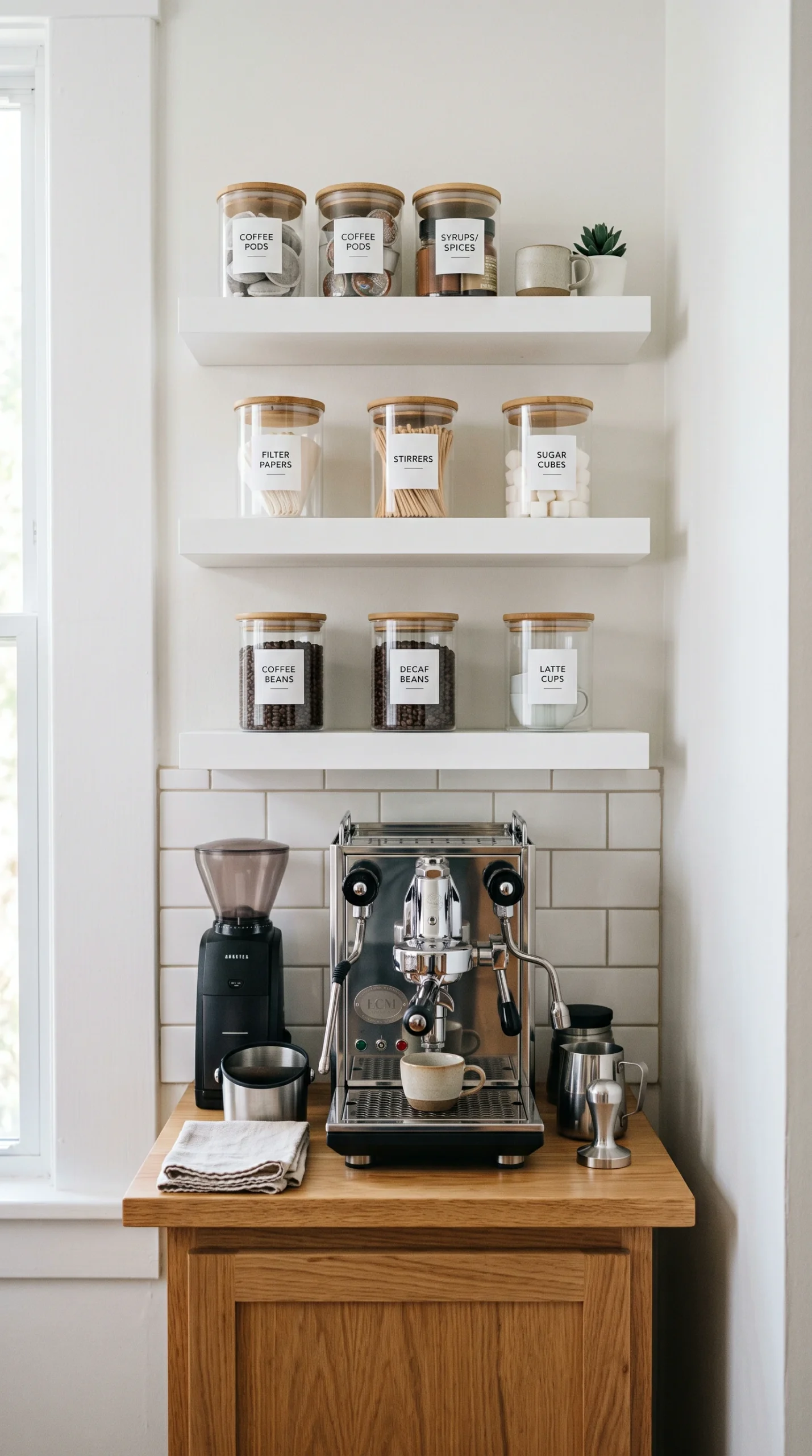Narrow espresso station on small wood counter with three towering white shelves of labeled glass coffee jars.