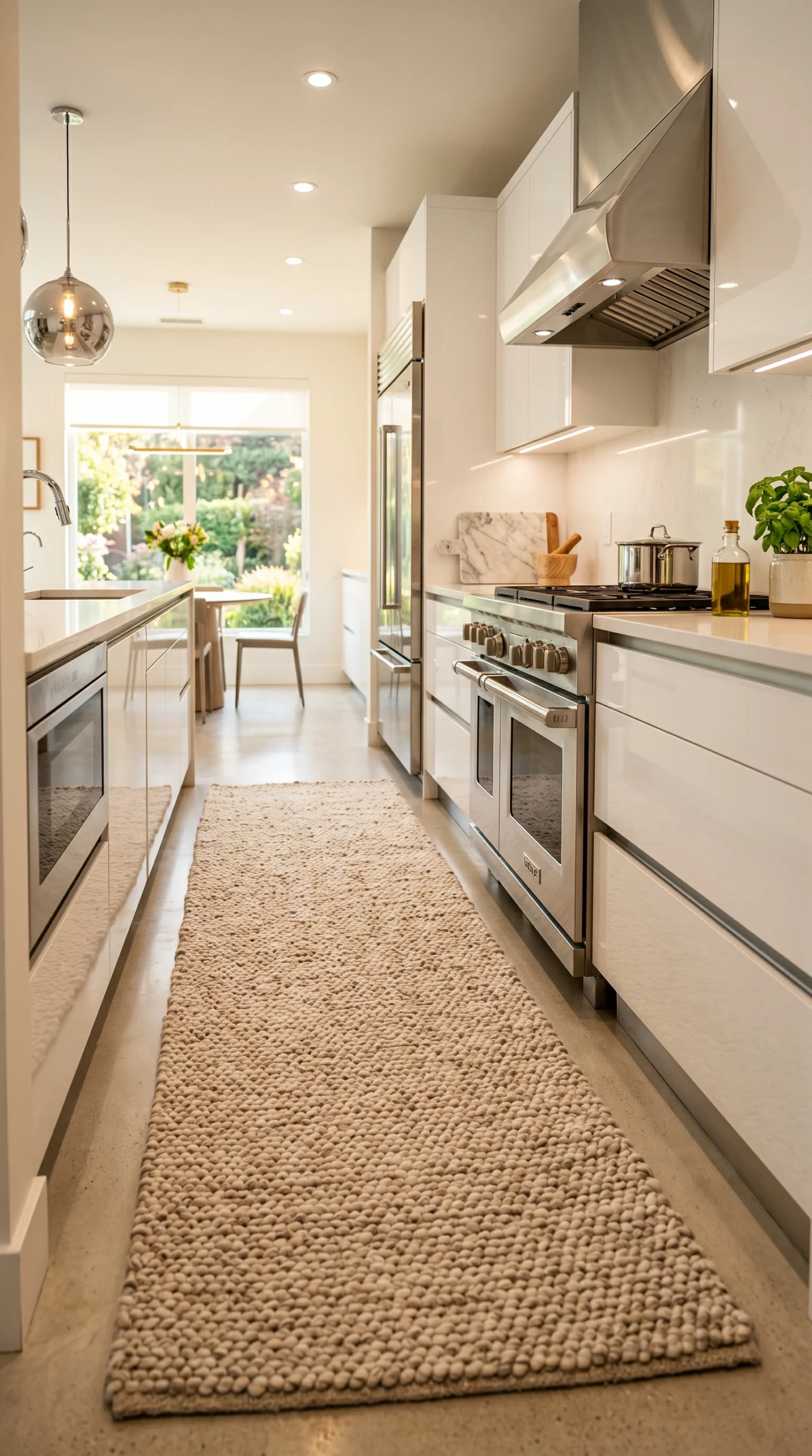 Long beige textured plush runner rug centered in a bright contemporary kitchen with white cabinets and stainless steel appliances.