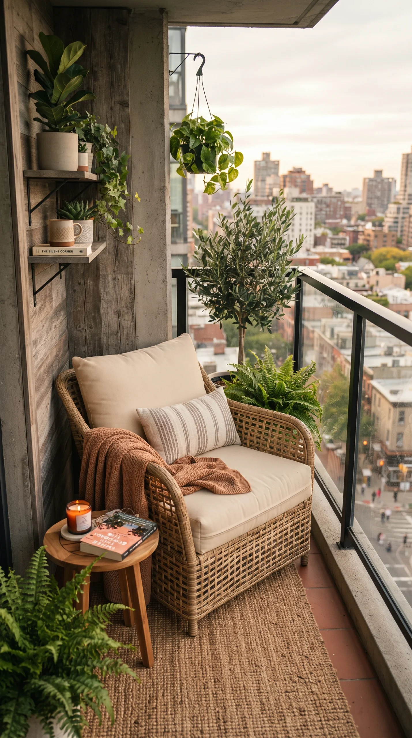 Cozy apartment balcony layout featuring a plush golden rattan lounge chair pushed into a tight corner styled for reading.