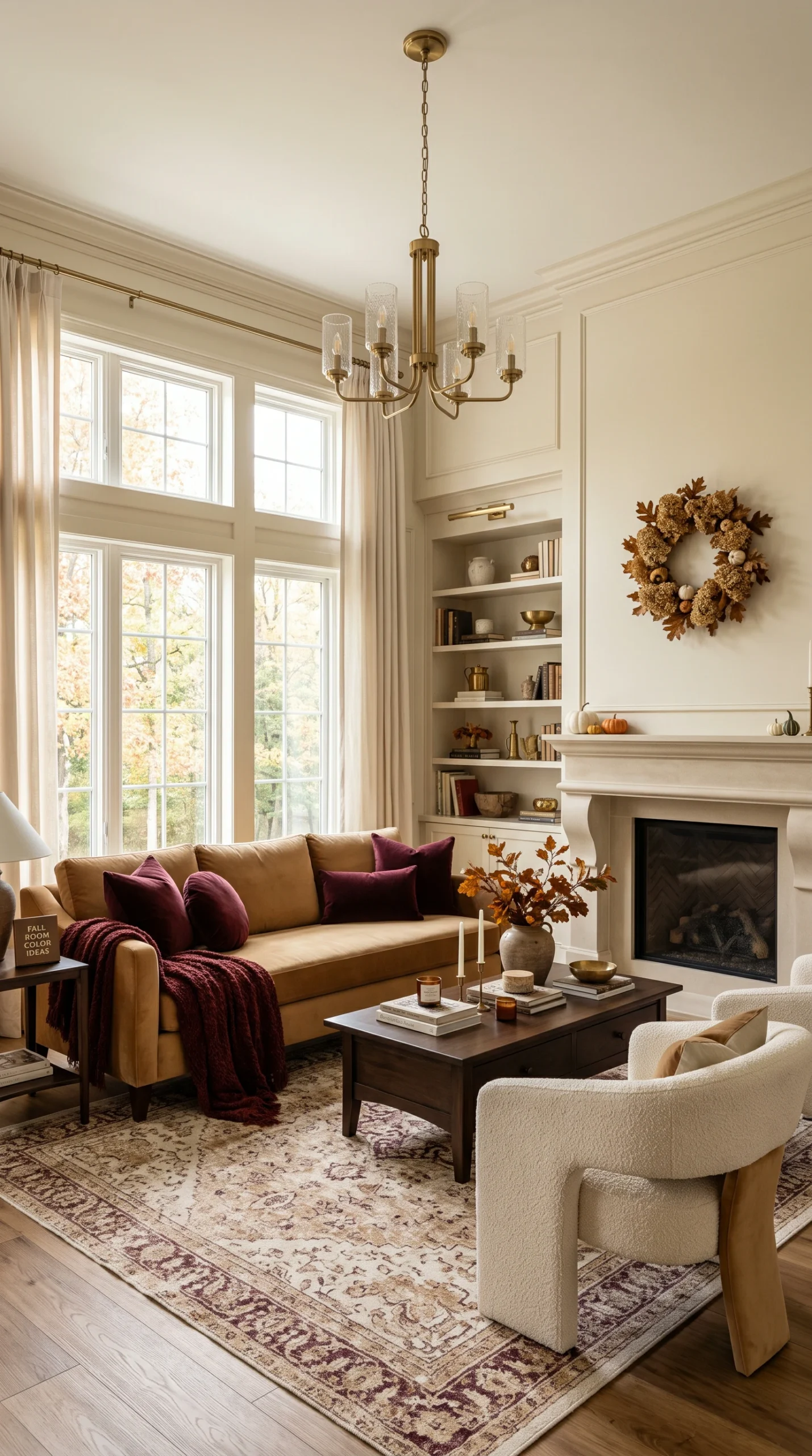 Fall room color ideas: A cozy living room with a camel velvet sofa, burgundy accents, and a stone fireplace.