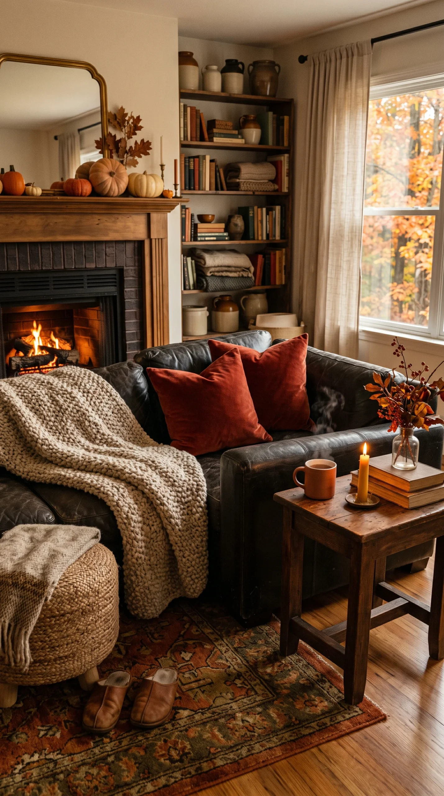 Cozy fall room ideas with leather sofa and knit throw.