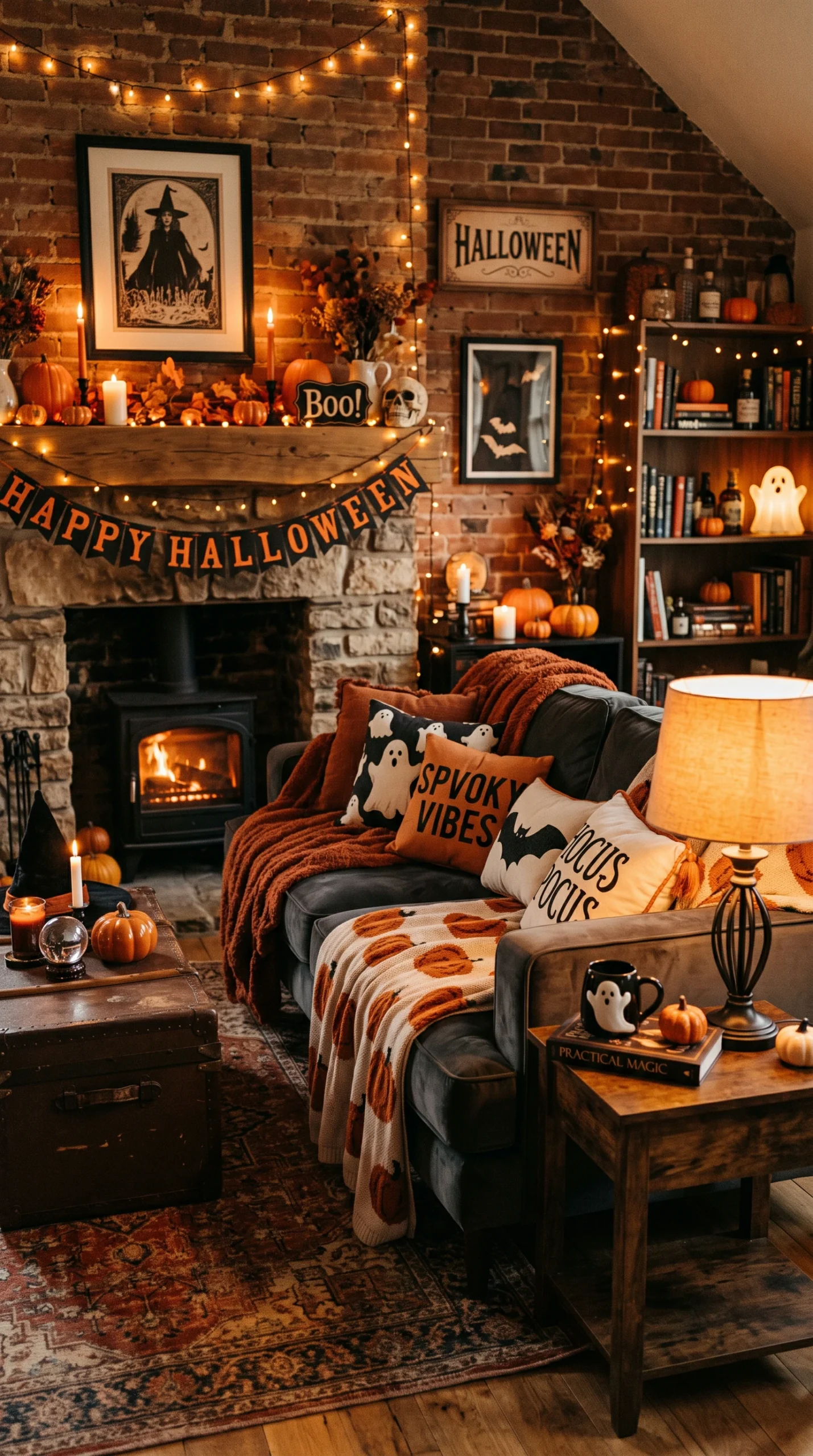 A vertical photograph of a cozy living room decorated for Halloween, with a fireplace, velvet sofa, and amber lights.