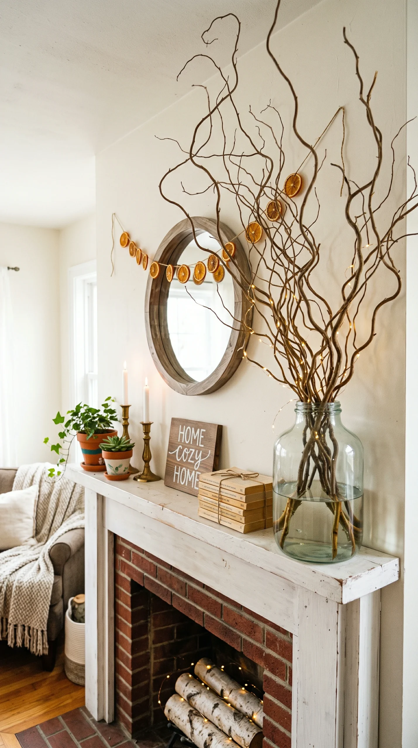 Vertical photo of a cozy fireplace mantel with creative DIY decor, including a massive arrangement of tall, twisted foraged bare branches in a large recycled glass jar, a dried orange slice garland, old books, and lit taper candles.