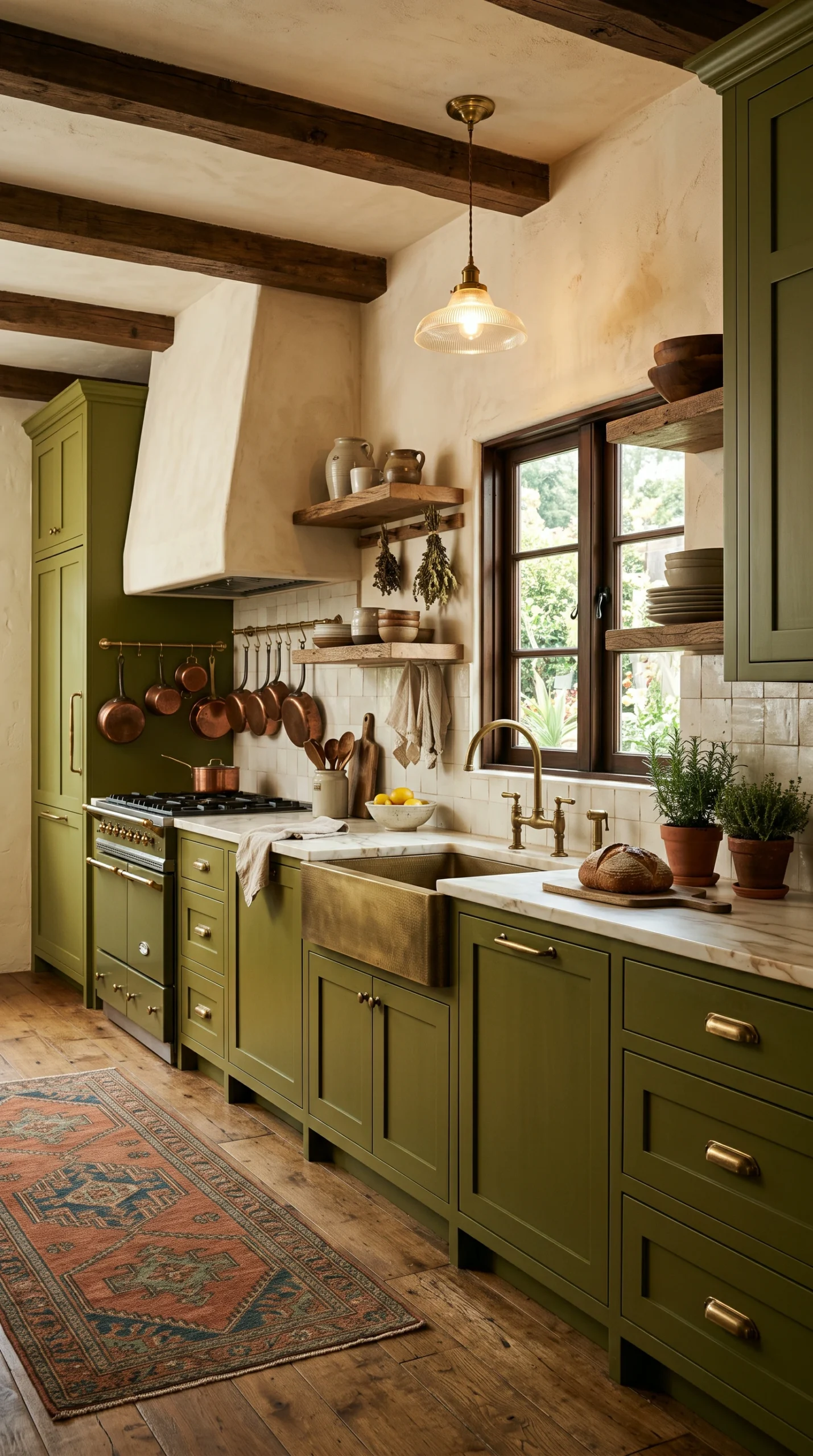 Olive green kitchen cabinets and exposed wood beam ceiling with hand-form tiles.
