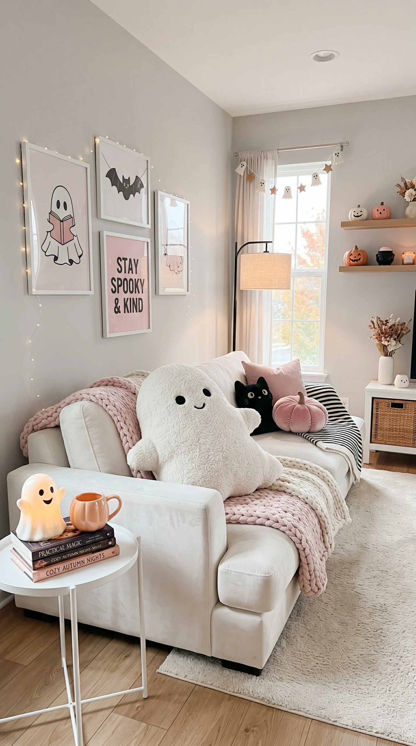 Plush white sofa with massive ghost pillow and pink blankets.