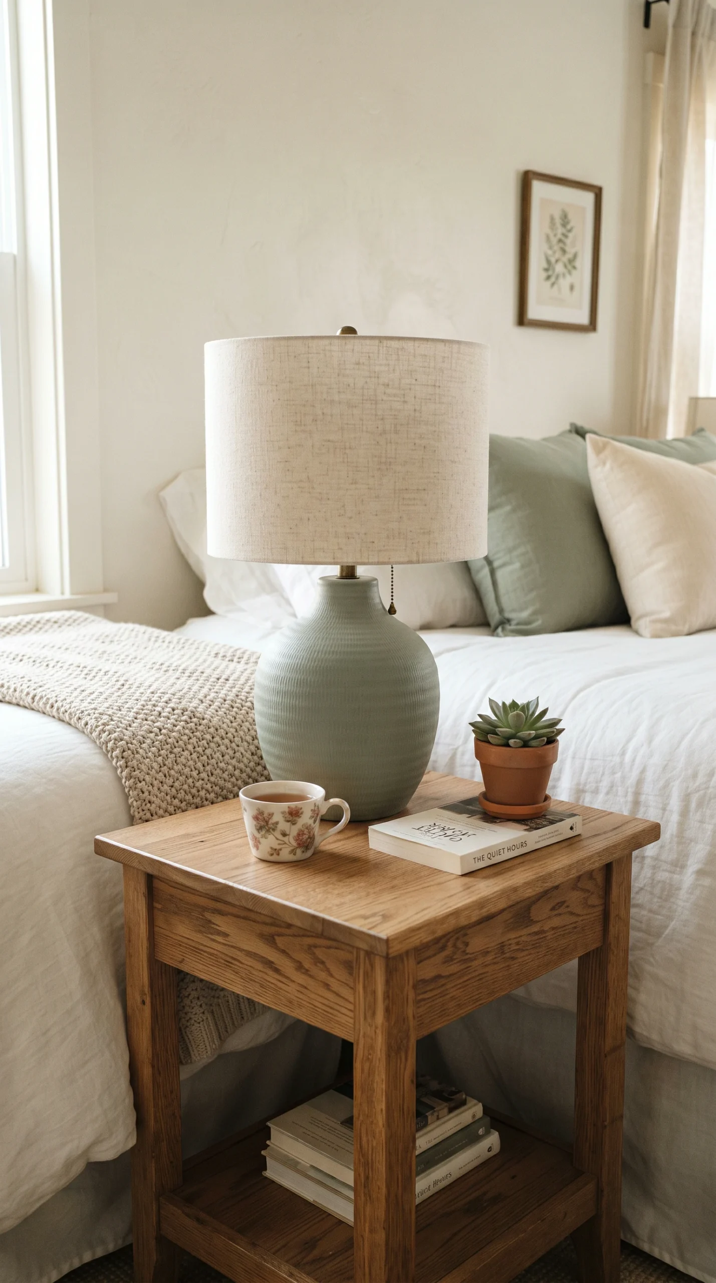 A soft sage ceramic bedside lamp resting on a wooden nightstand in a cozy bedroom.