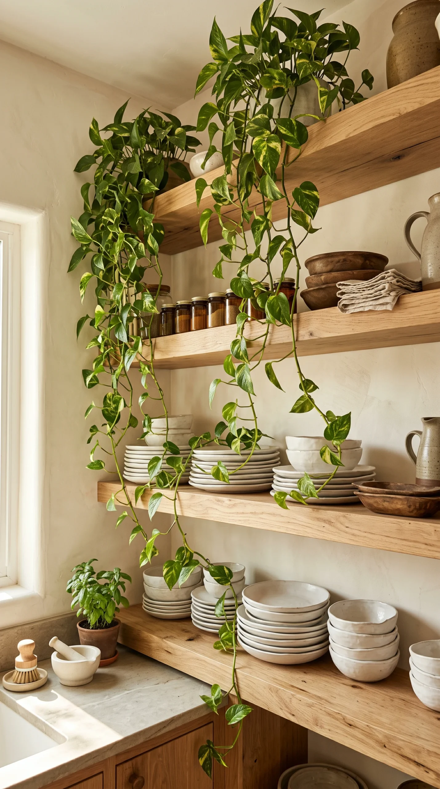 Stunning natural kitchen decor ideas: Cascading Golden Pothos plants and artisanal ceramic plates on massive raw white oak open shelving in an earthy kitchen.