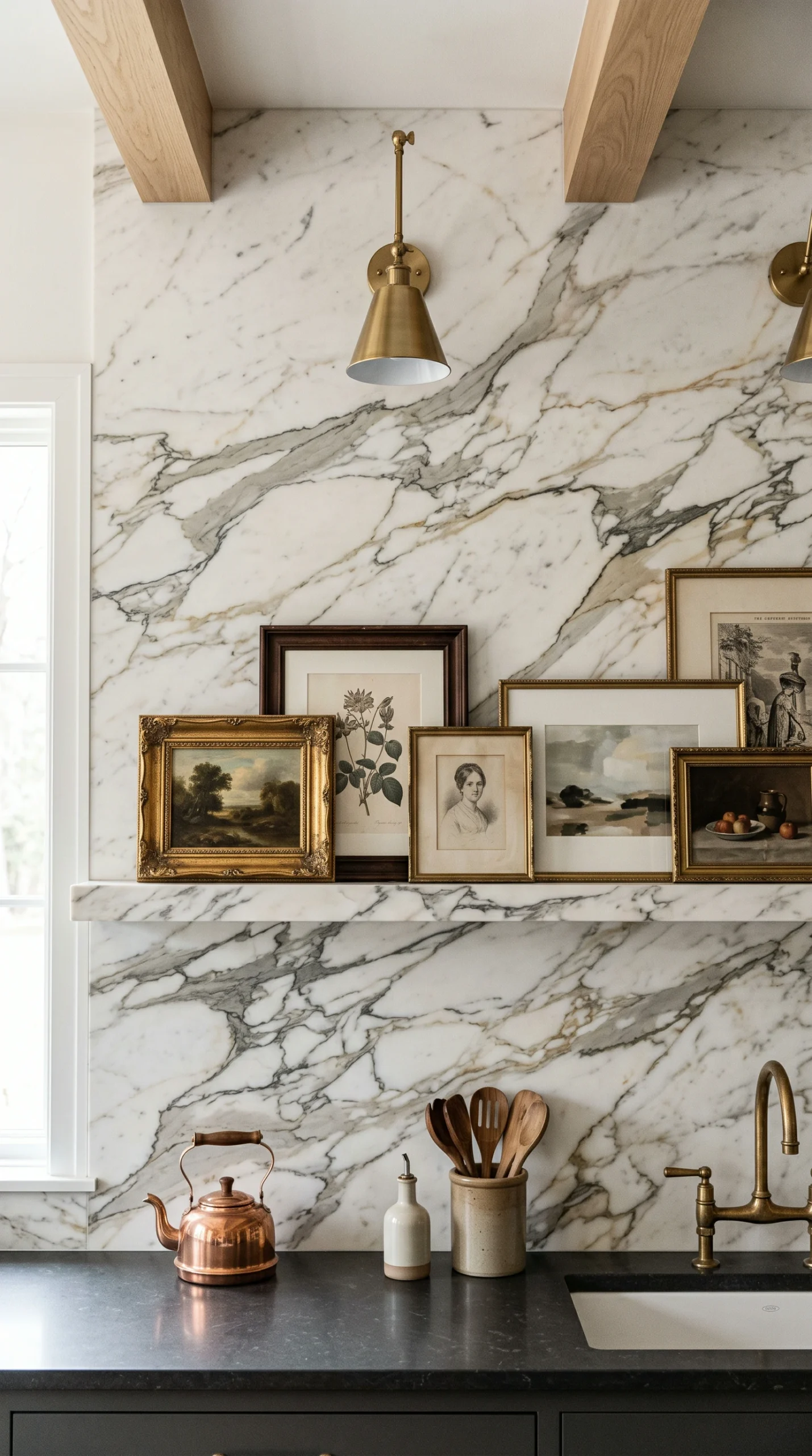 Close-up of a high-end kitchen backsplash with a Calacatta marble wall and an integrated 2-inch picture ledge holding a collection of layered vintage art in antique gold and dark wood frames, demonstrating seamless marble integration.
