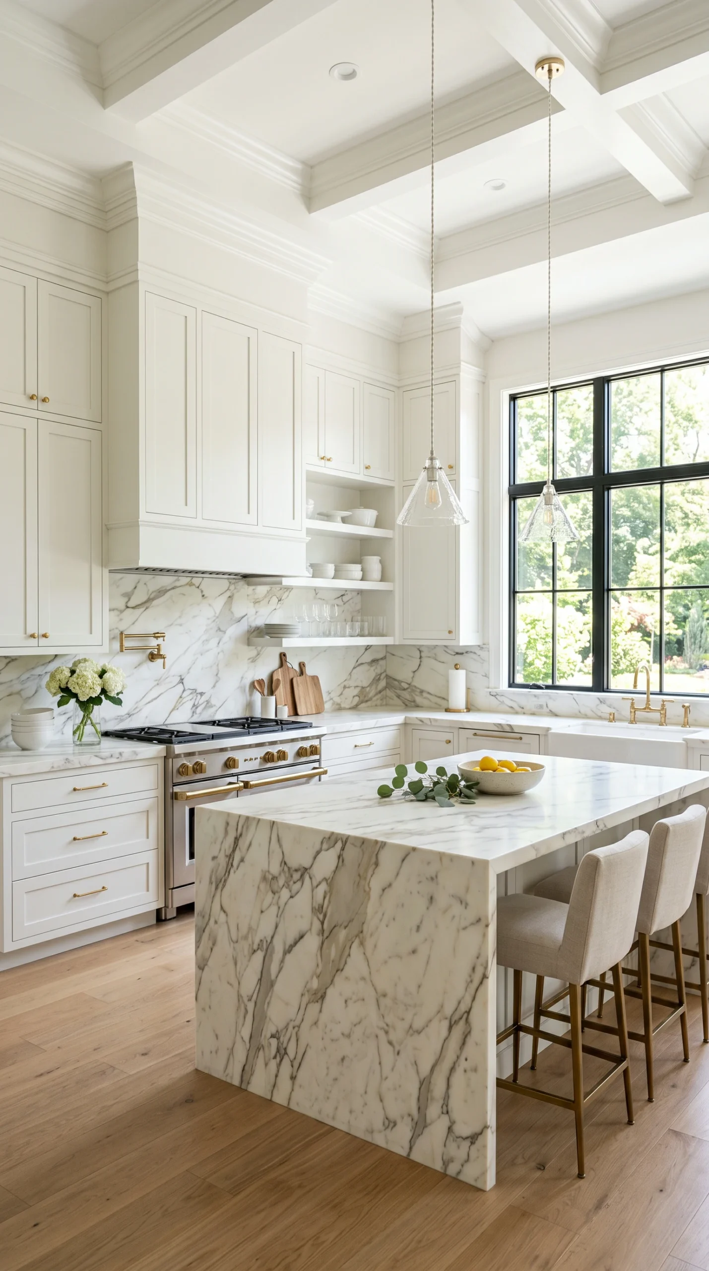 white kitchen cabinet ideas and dramatic Calacatta marble countertop backsplash ideas.