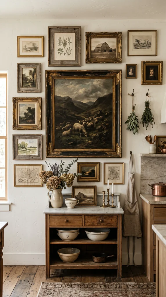 A rustic farmhouse kitchen wall displaying a large gold-framed oil painting of sheep, surrounded by botanical prints and hanging dried herbs.