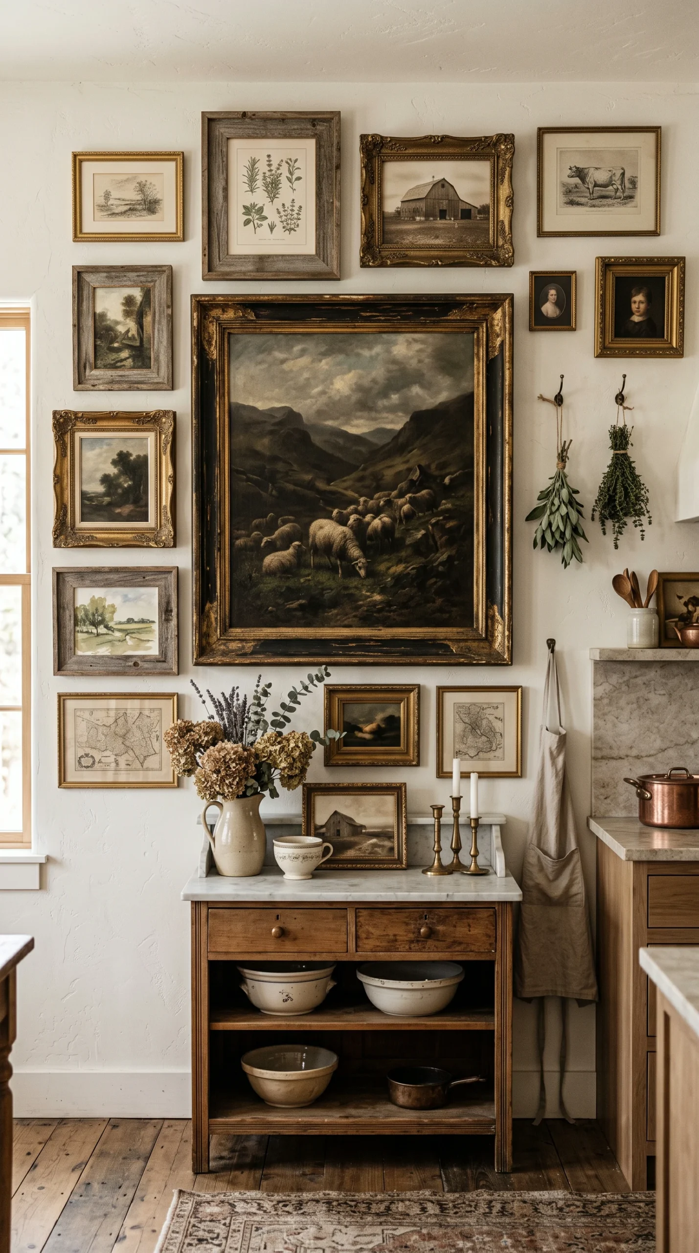 A rustic farmhouse kitchen wall displaying a large gold-framed oil painting of sheep, surrounded by botanical prints and hanging dried herbs.