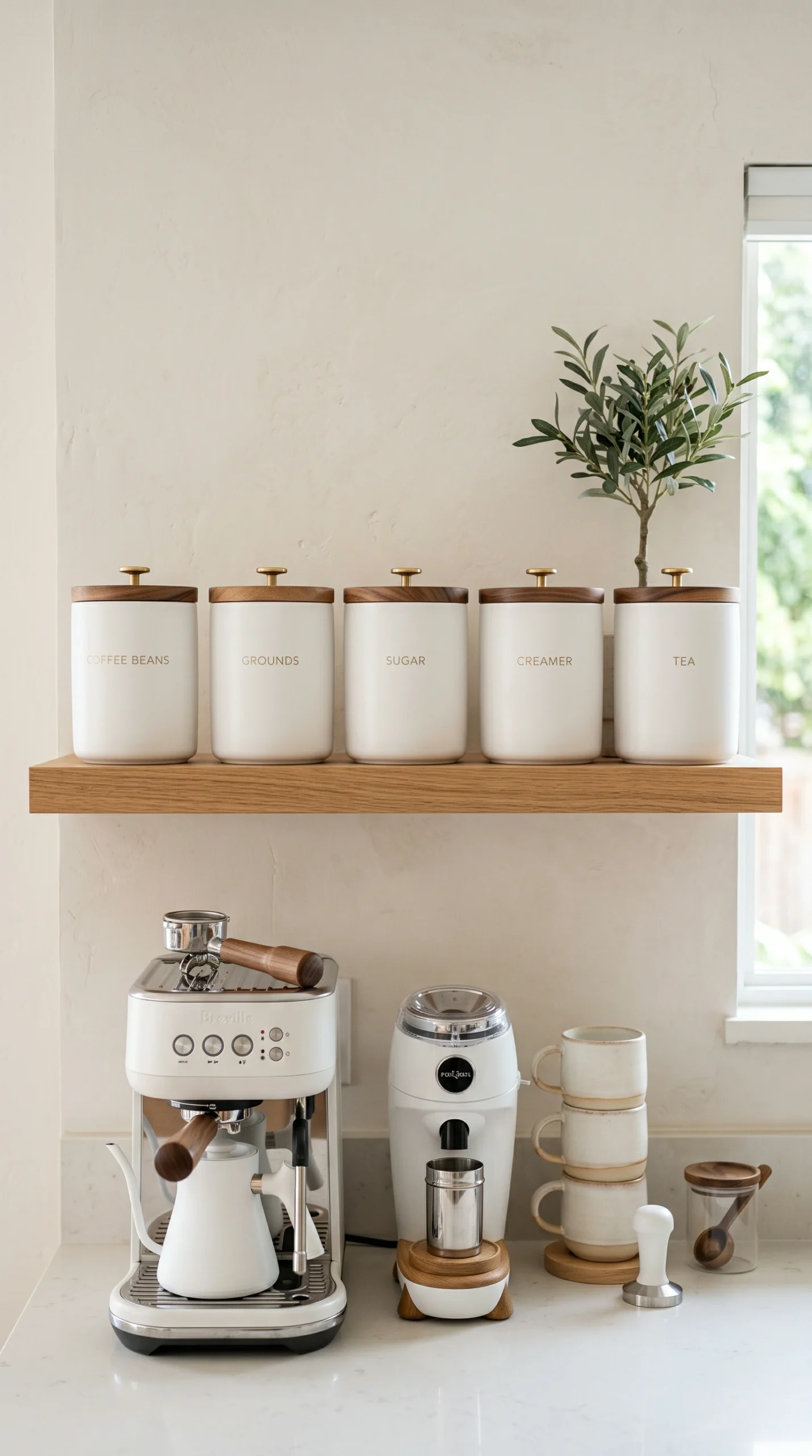 A modern kitchen coffee station with neatly labeled white ceramic canisters on a floating oak shelf.