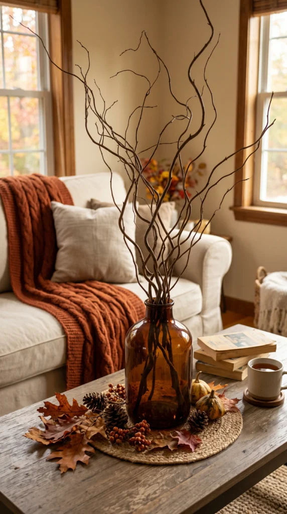 A detailed view of bare, gnarled tree branches in an old glass bottle on a rustic table.