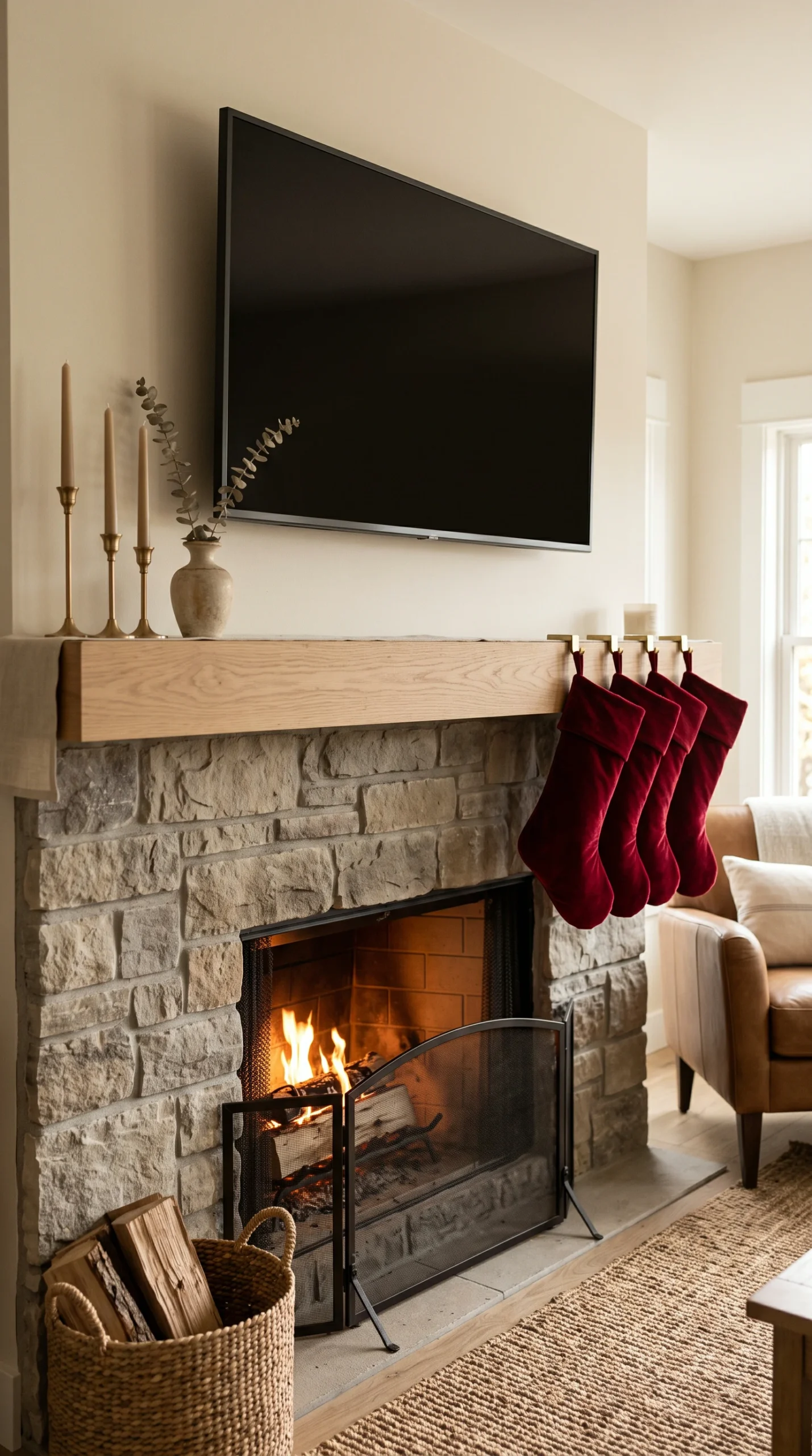 Frame TV displaying classical oil painting mantel decor ideas with TV above fireplace