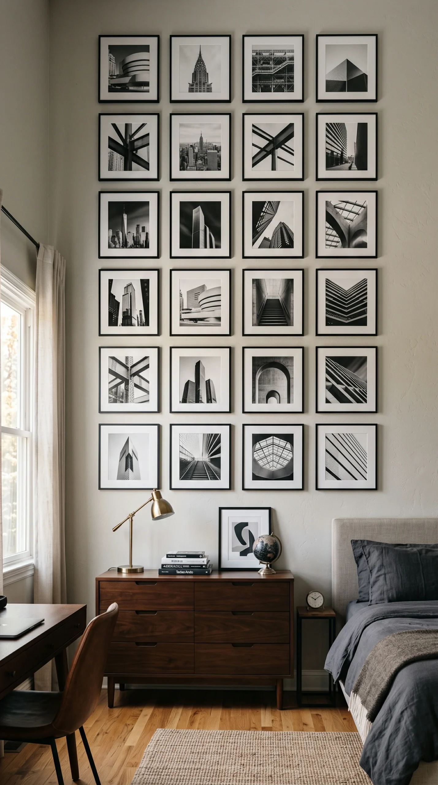 Grid of twenty-four framed black and white architectural photos as boy room wall decor.
