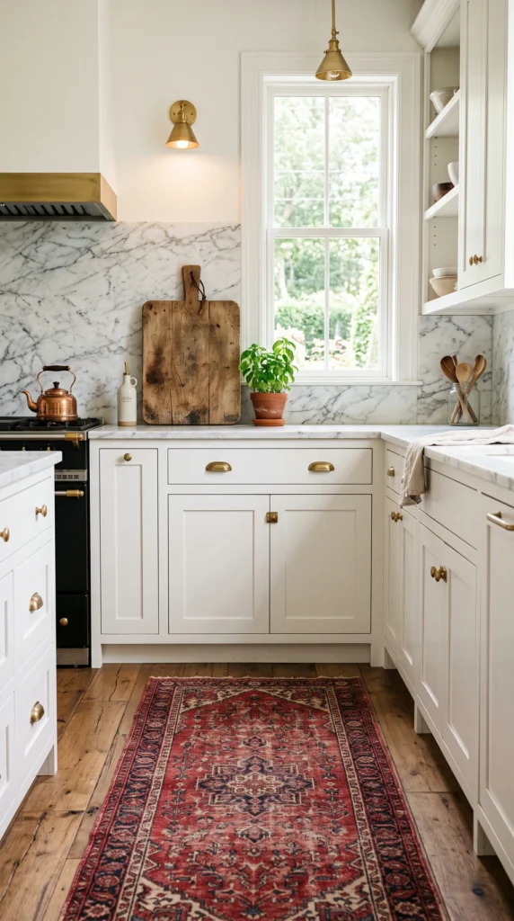 Vertical view of a white kitchen with aged brass hardware, marble backsplash, a vintage crimson rug, and wooden cutting board.