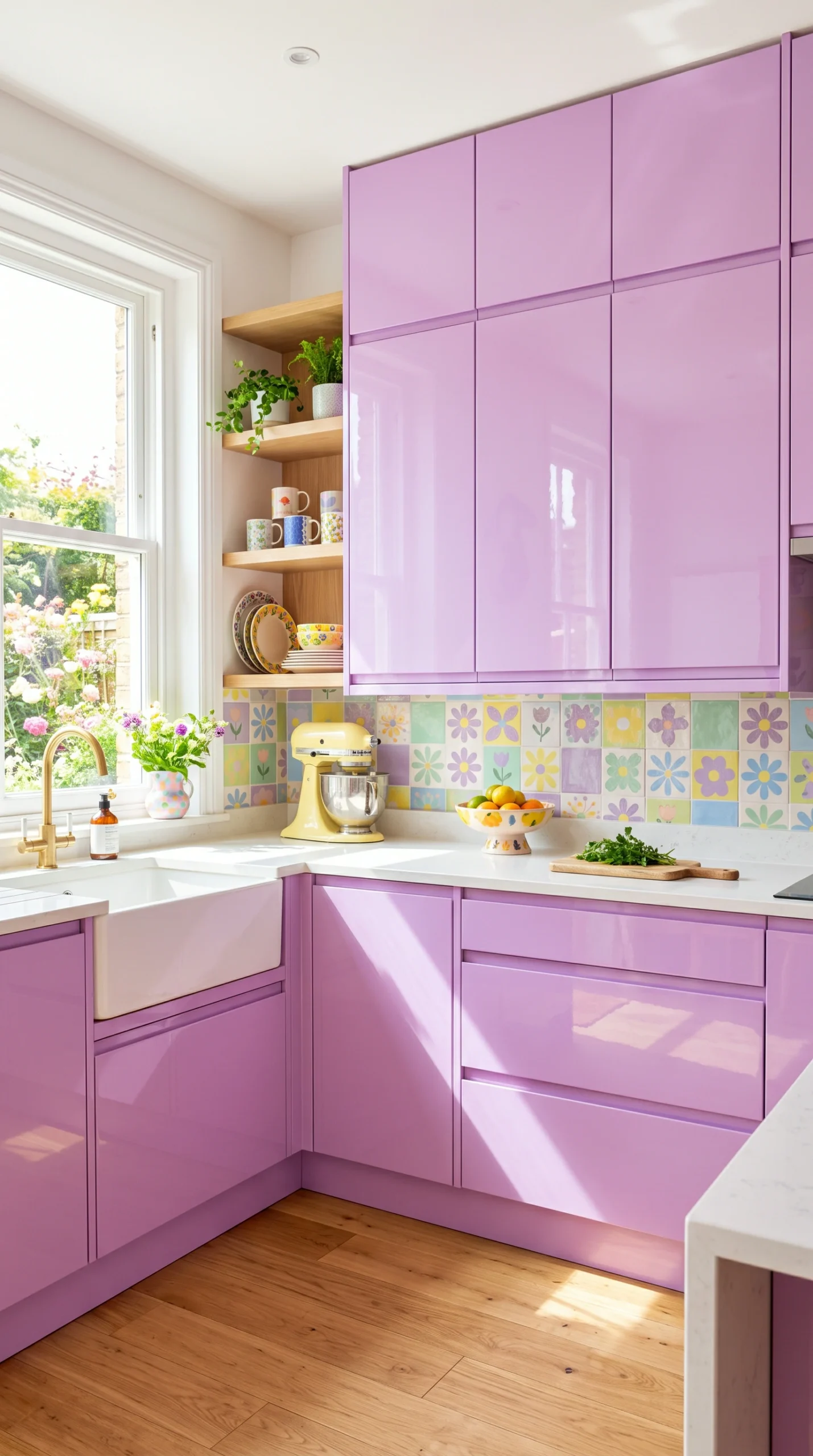 Vertical view of a cheerful kitchen with glossy lilac cabinets, floral tiled backsplash, and white countertops.