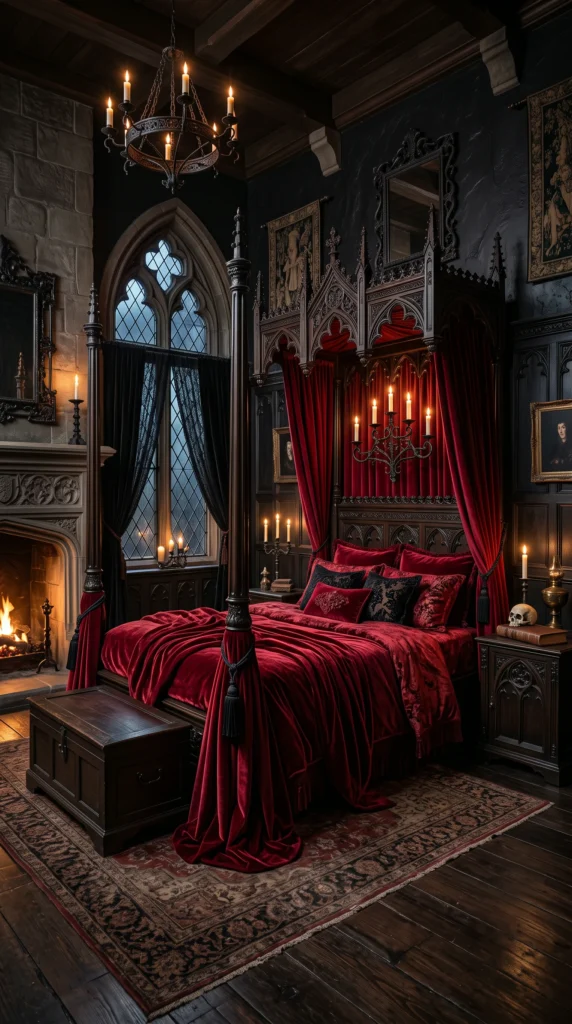 Grand gothic bedroom with a carved four-poster bed, crimson velvet bedding, black walls, fireplace, and candelabras.