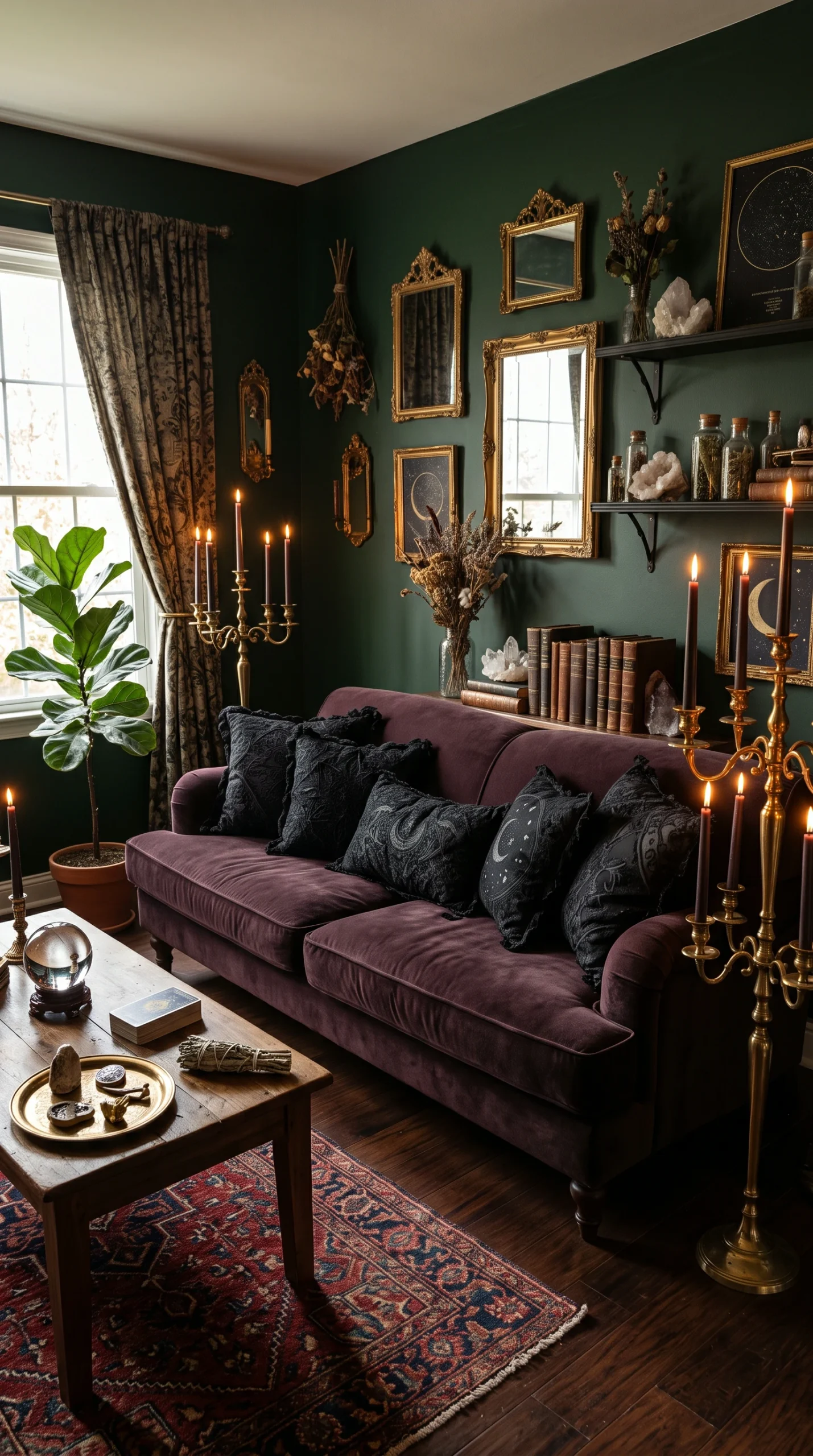 A dark atmospheric gothic living room featuring a plum velvet sofa.