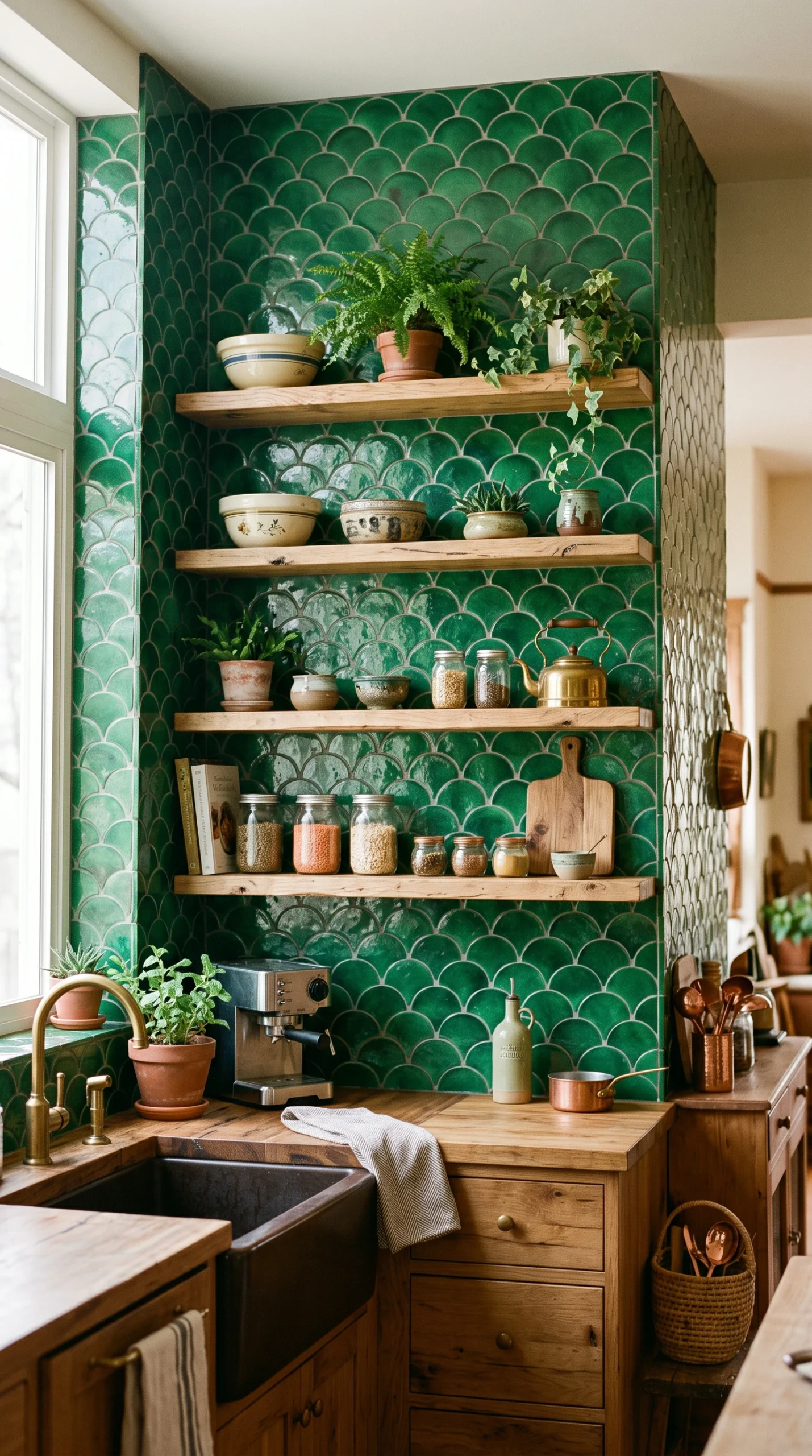 View of handcrafted green fish scale tiles on a kitchen backsplash with wooden shelves and potted plants.