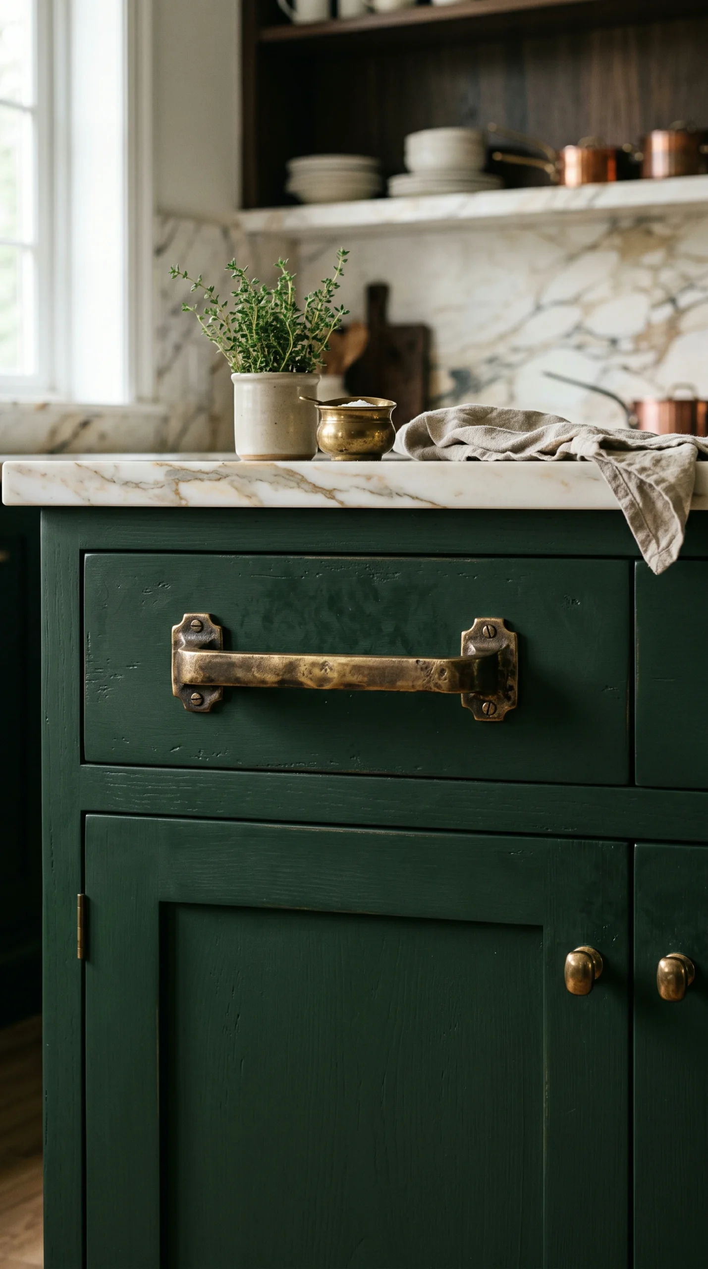 Deep green kitchen cabinetry with a large, textured aged brass pull and smaller matching knobs, a marble countertop with fresh thyme and a towel, and open wooden shelving in the background.