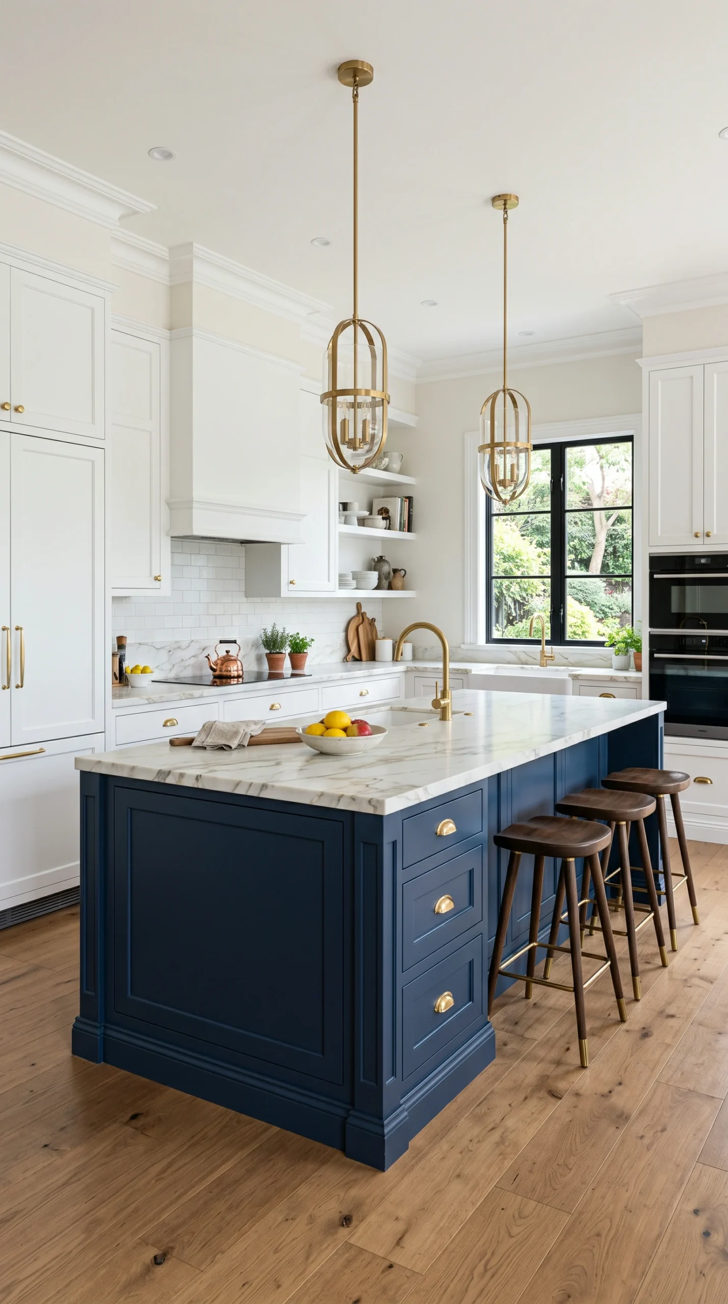 high-end two-tone kitchen design with a deeply saturated matte navy blue island and white perimeter cabinets [Alt Text: kitchen island color ideas]