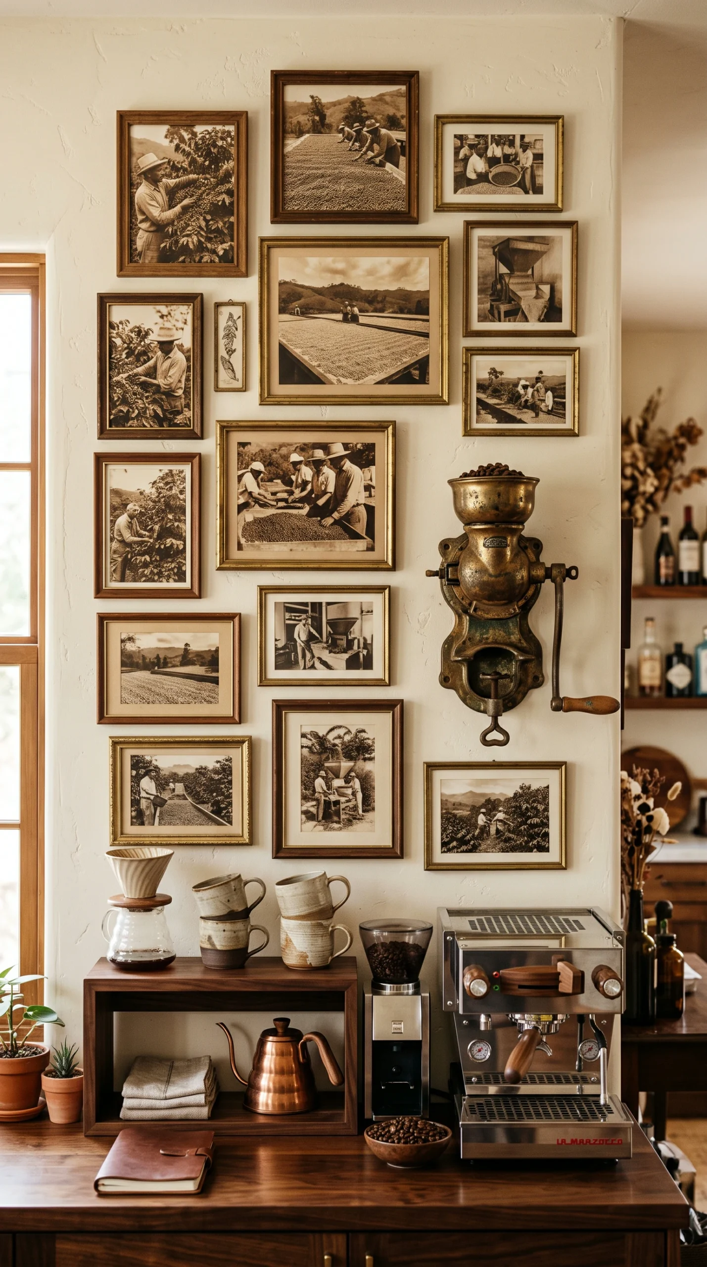 vertical image of an extensive kitchen gallery wall featuring vintage sepia coffee harvest photos, an antique brass coffee grinder, and a luxurious coffee bar station.