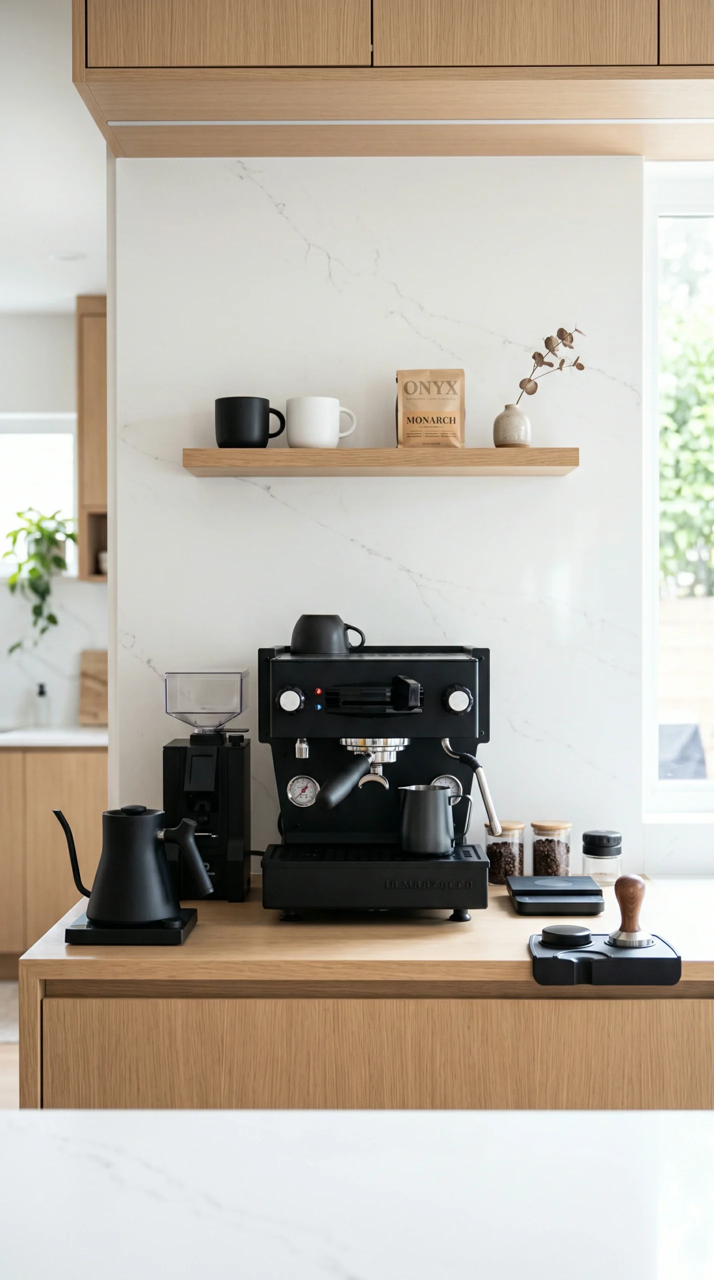 modern coffee station ideas featuring matte black espresso machine