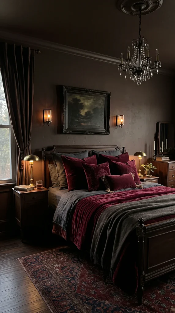 A vertical shot of a dramatic bedroom with a richly layered burgundy bed and glowing lamps.