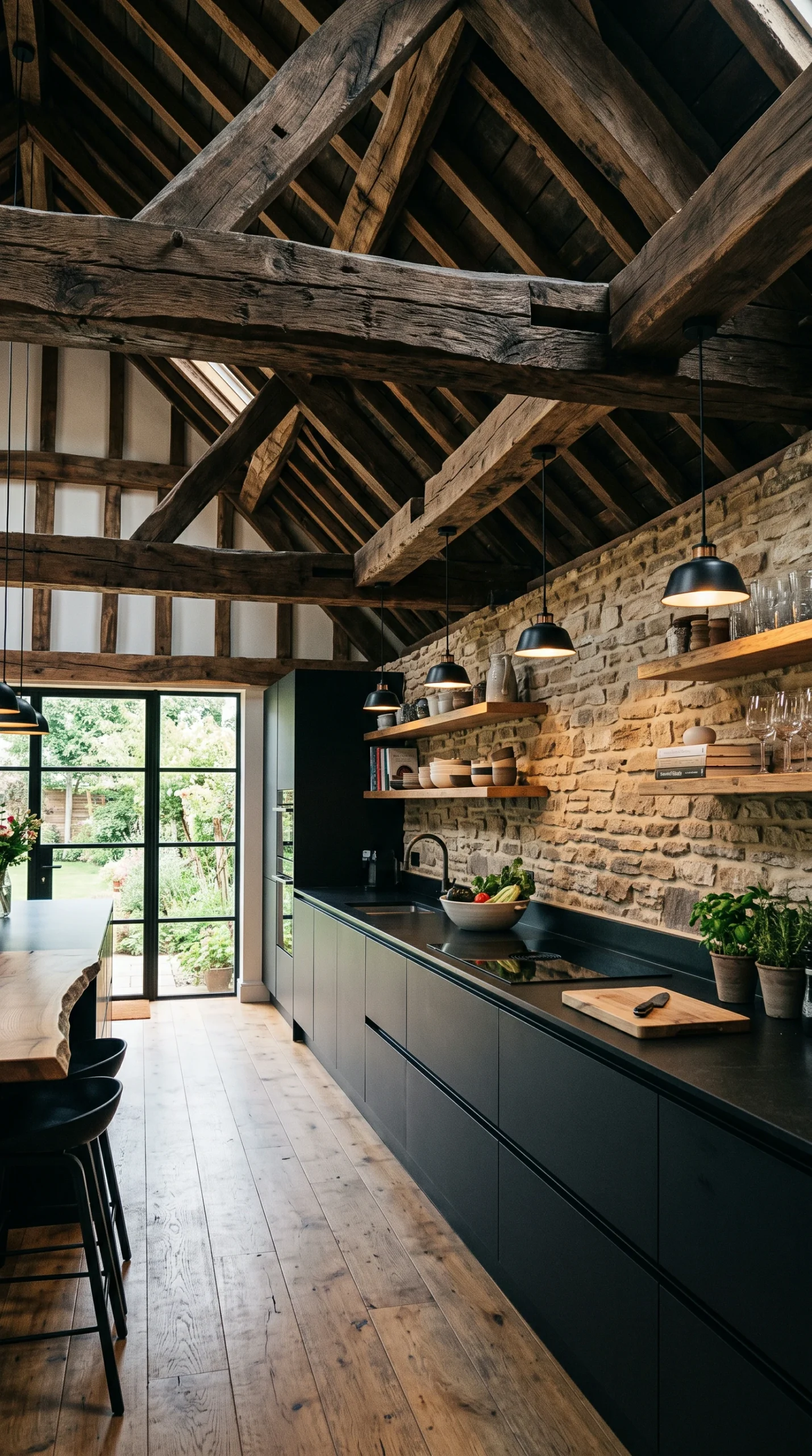 A high-ceiling kitchen with dark, rough-hewn reclaimed wood barn beams contrasting against sleek matte black cabinets and a textured stone wall.