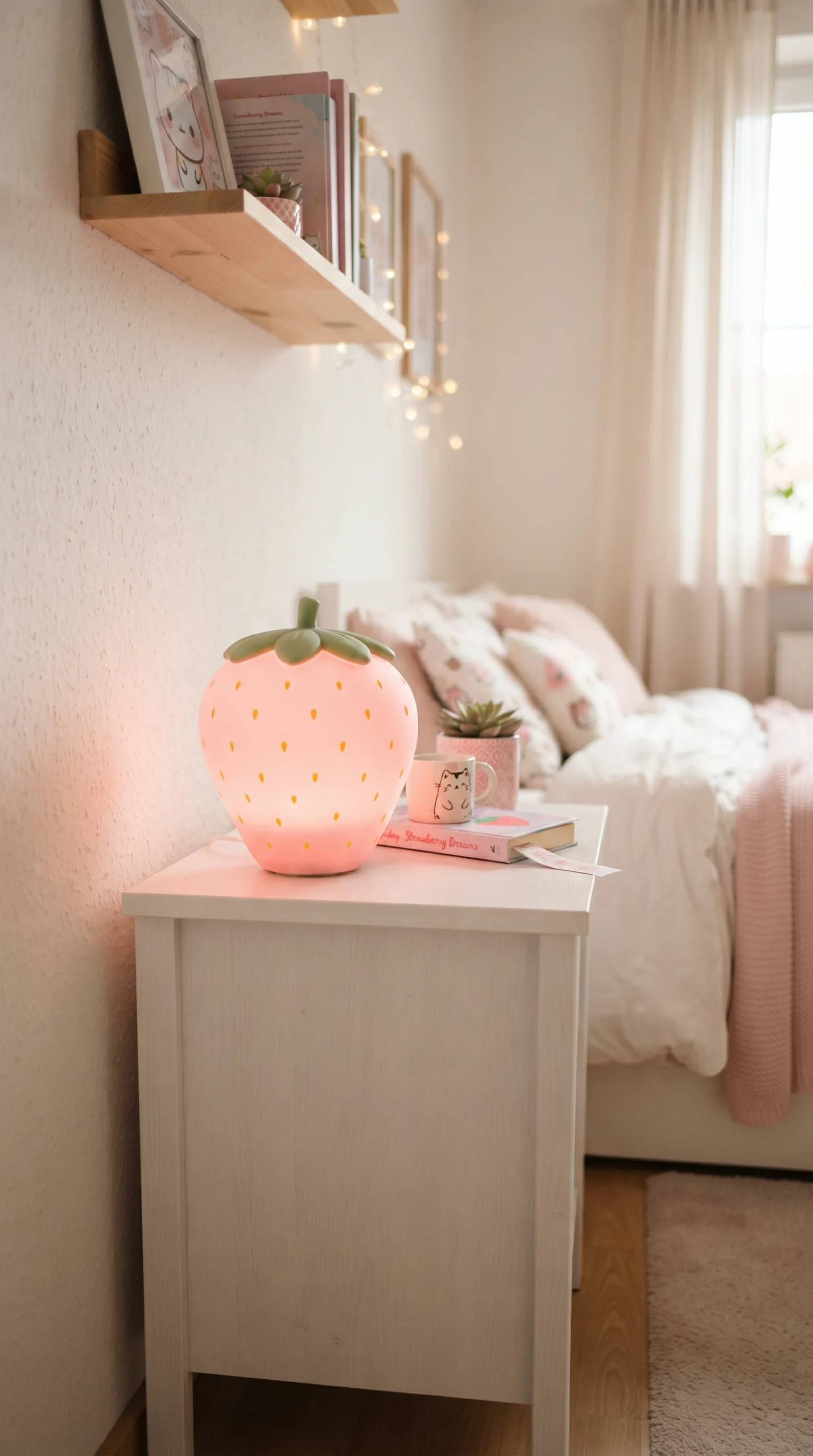 Softly glowing pink silicone strawberry lamp sitting on a white nightstand in a cozy kawaii bedroom