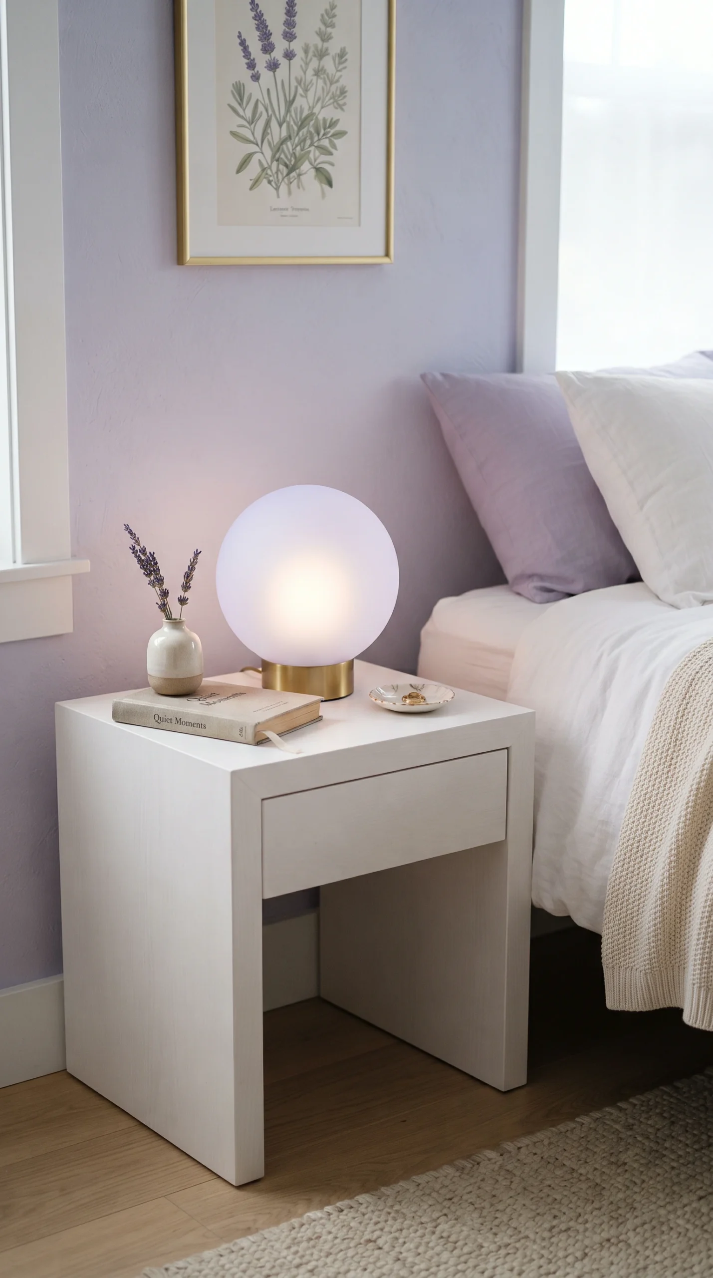 Soft lavender frosted glass globe lamp resting on a minimal white nightstand in a bedroom setting.