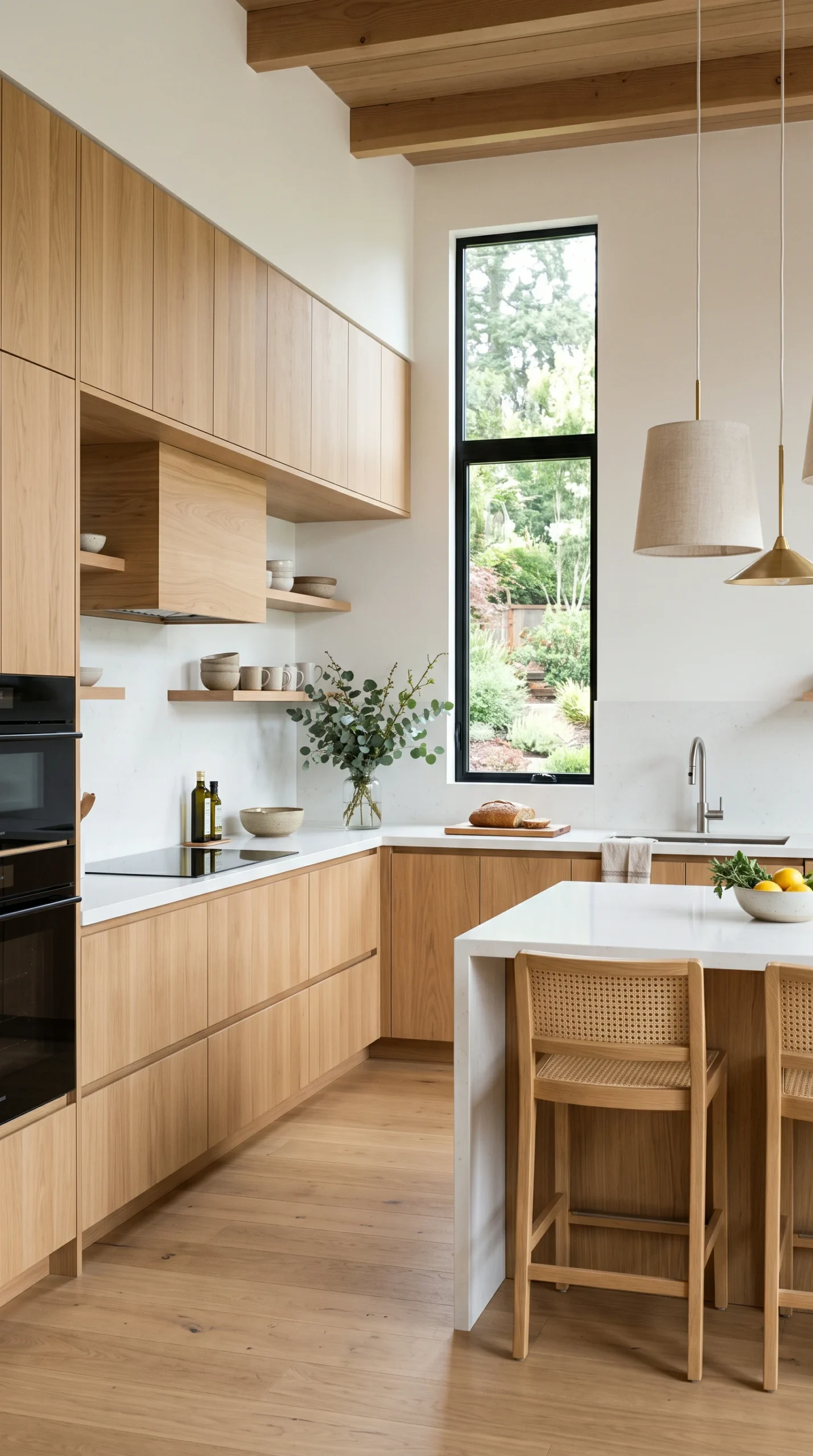 Light wood kitchen cabinet colors in a modern organic kitchen.