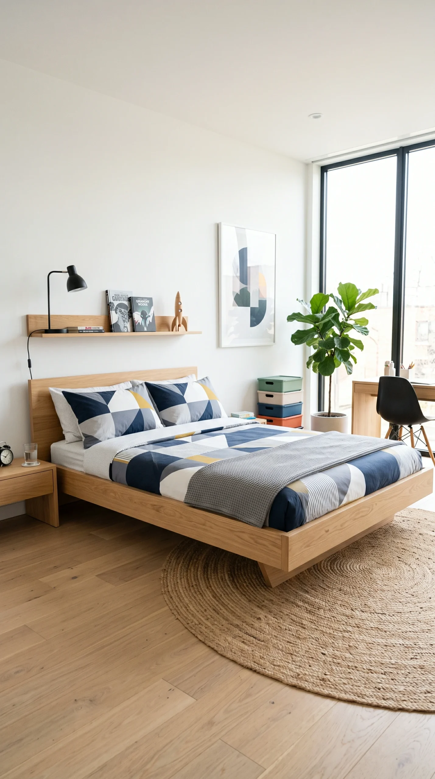 Low-profile natural oak platform bed with geometric blue and white bedding in a bright room