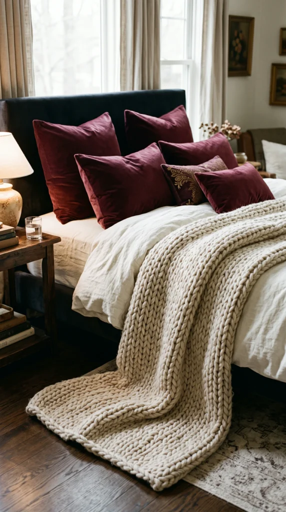 Deep burgundy velvet pillows rest on a cozy bed with a large, cream chunky knit blanket draped over the edge.