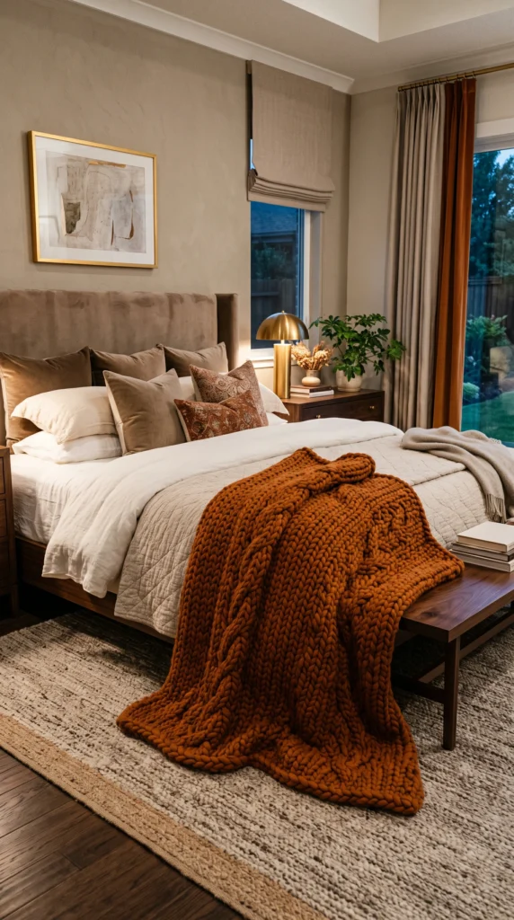 A vertical shot of a luxury master bedroom bed featuring a thick, burnt amber chunky knit blanket and layered bedding.
